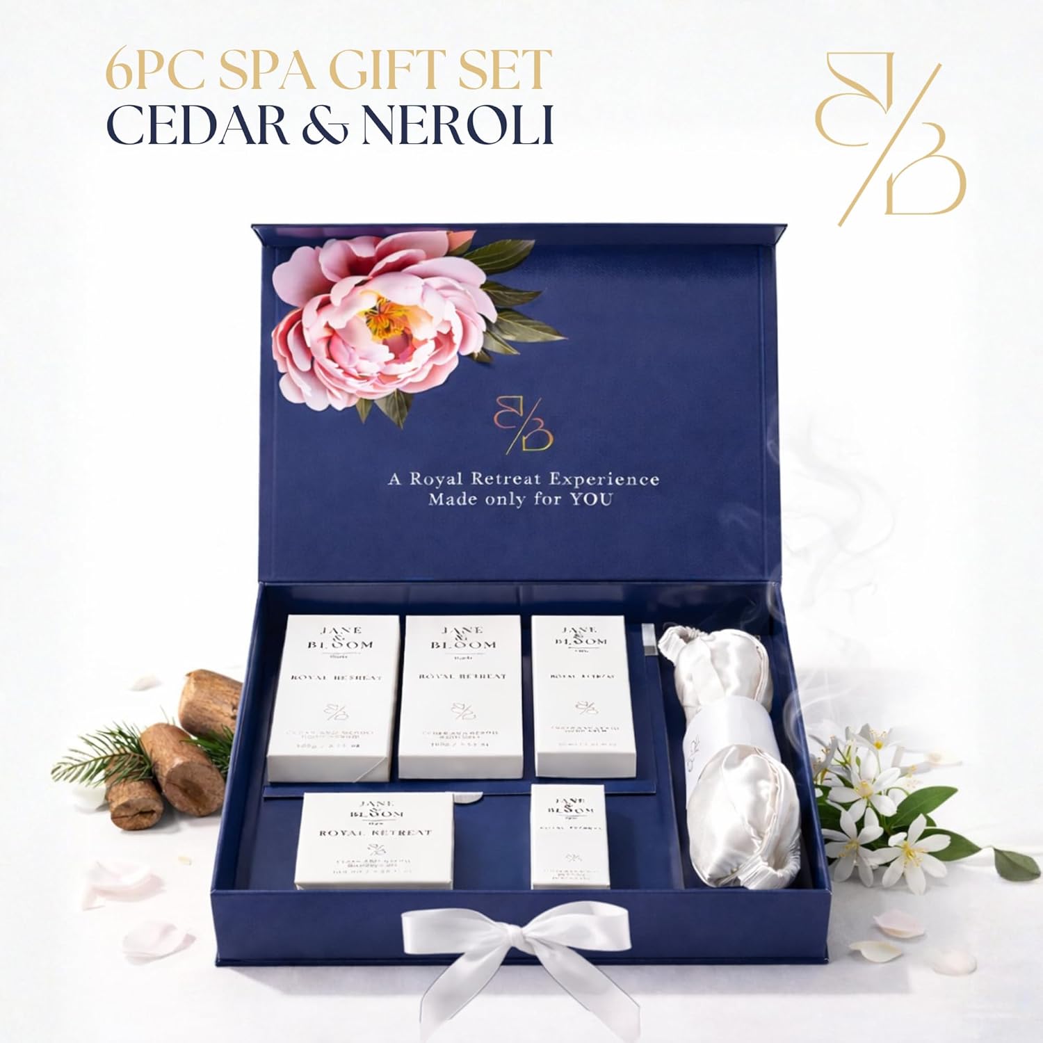 Royal Retreat Luxury Spa Gift Box, Cedar and Neroli Bath and Body Gift Set for Women, Relaxing Home Spa Kit with Bath Salt, Body Scrub, Body Oil, Hand Cream, Eye Mask and More