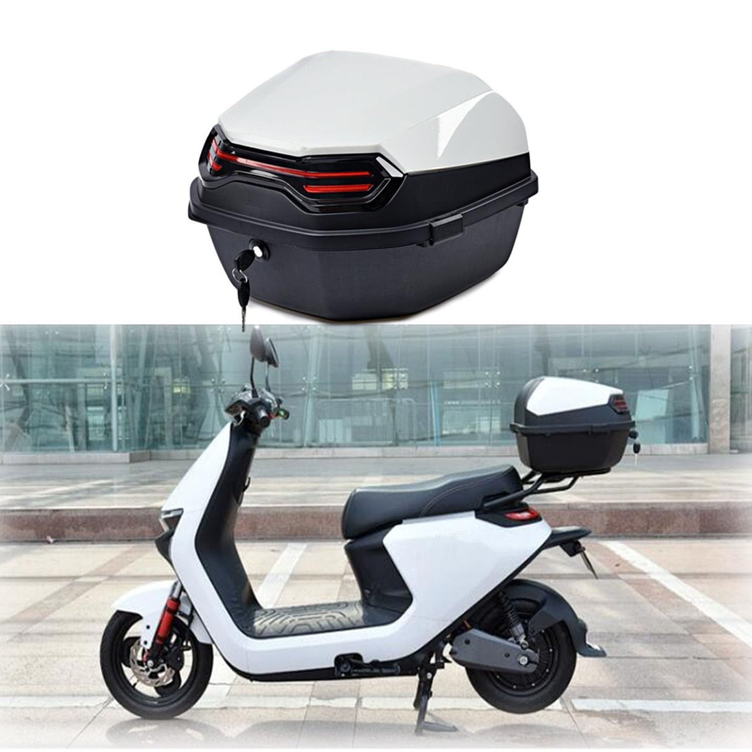 Motorradkoffer Topcase, Topcase Für Roller Mit Sicherheitsschloss, Universelle Motorrad Heckbox Für Moped/Mofa/Motorroller/Motorcycle, Einfache Installation (Farbe : Weiß, Größe : 41x40x30cm)