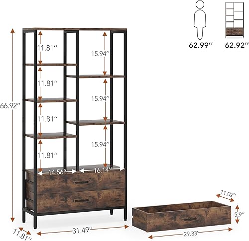 Miniatura 2 de Tribesigns Bookshelf Tall Bookcase with Drawers Industrial Open Bookshelves with Storage Space Freestanding Etagere Bookcase Organizer Display Rack