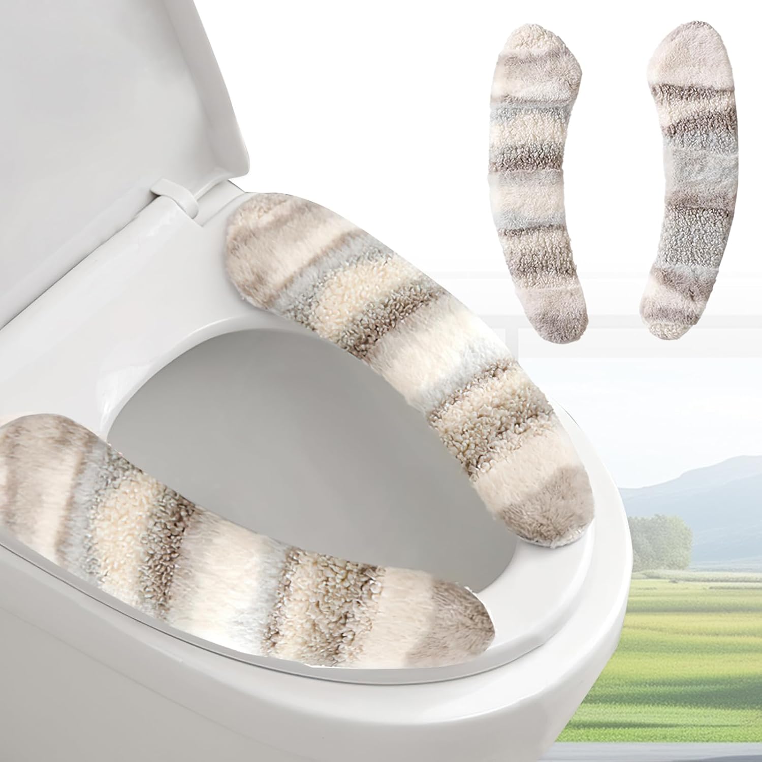 Thick and Warm Plush Toilet Seat Cover – Washable, Reusable Cushion with TPR Adhesive & Parallel Stripe Design for Comfort & Insulation (Grey)