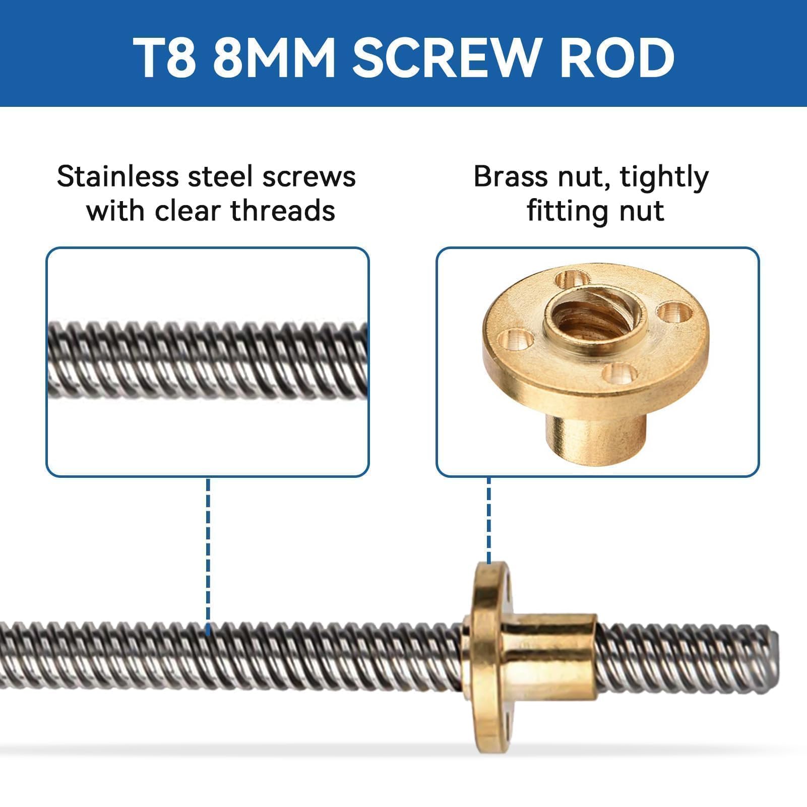 Tige De Vis T8 De 8 Mm, Tige Filetée Trapézoïdale En Acier Inoxydable, Accessoires D'imprimante 3D Avec Kit D'écrou En Laiton Pour Imprimante 3D(150mm)