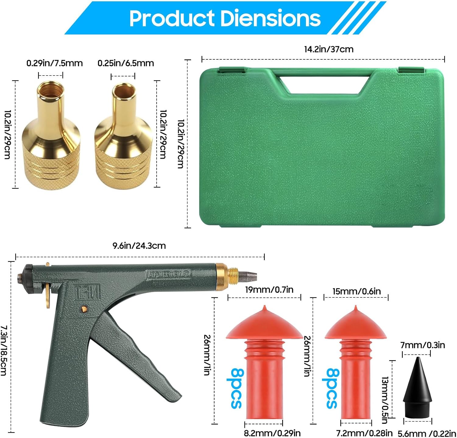 Tubeless Tire Gun Puncture Repair Kit with Mushroom Plug (Gun Puncture kit 16 Plugs, Green) for Tyre Punctures and Flats on Cars, Motorcycles, ATV, Trucks & Tractors