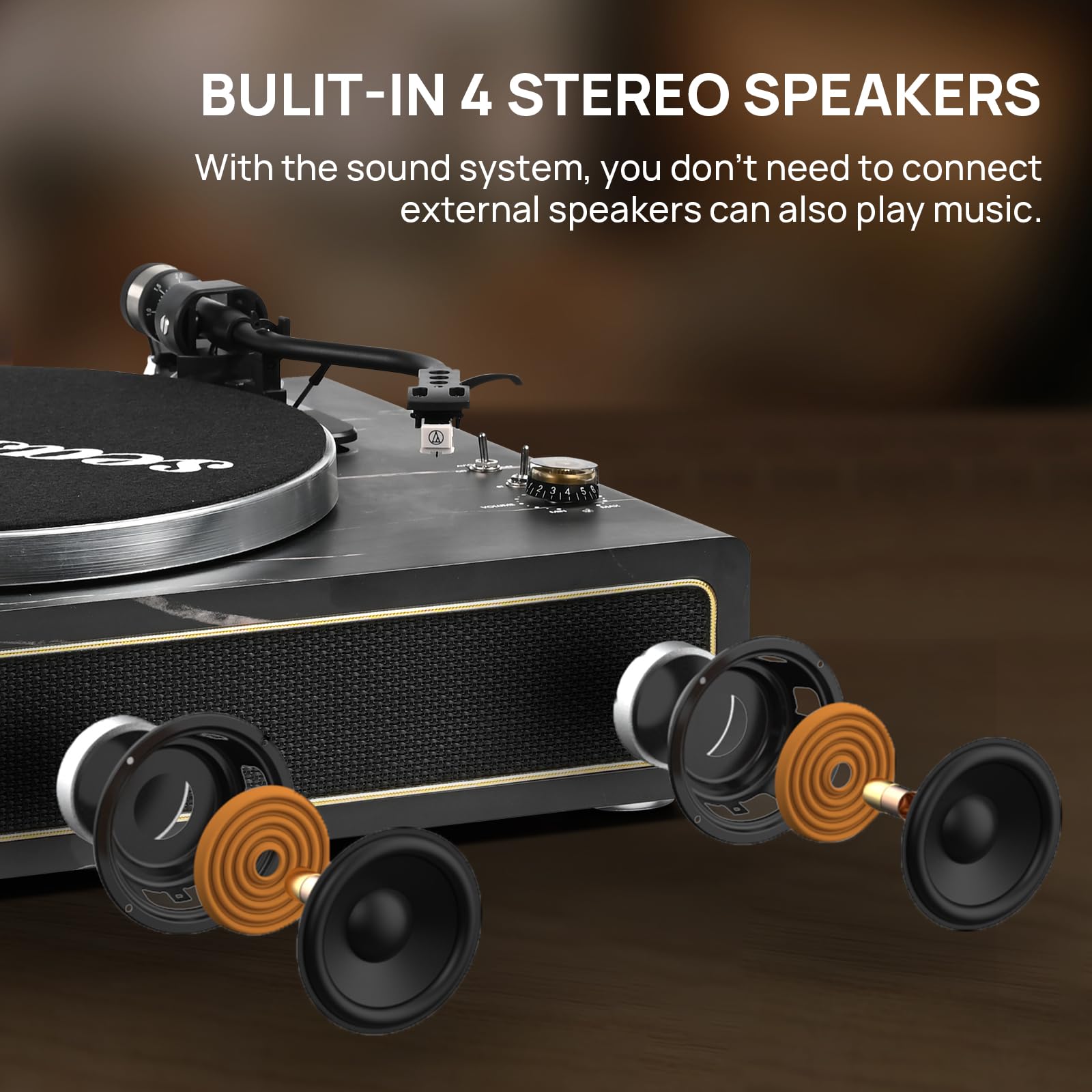 Giradischi con Altoparlanti Incorporati, Giradischi Vinile Bluetooth 2 Velocità 33/45 RPM e Auto-Off/Aux-In/RCA