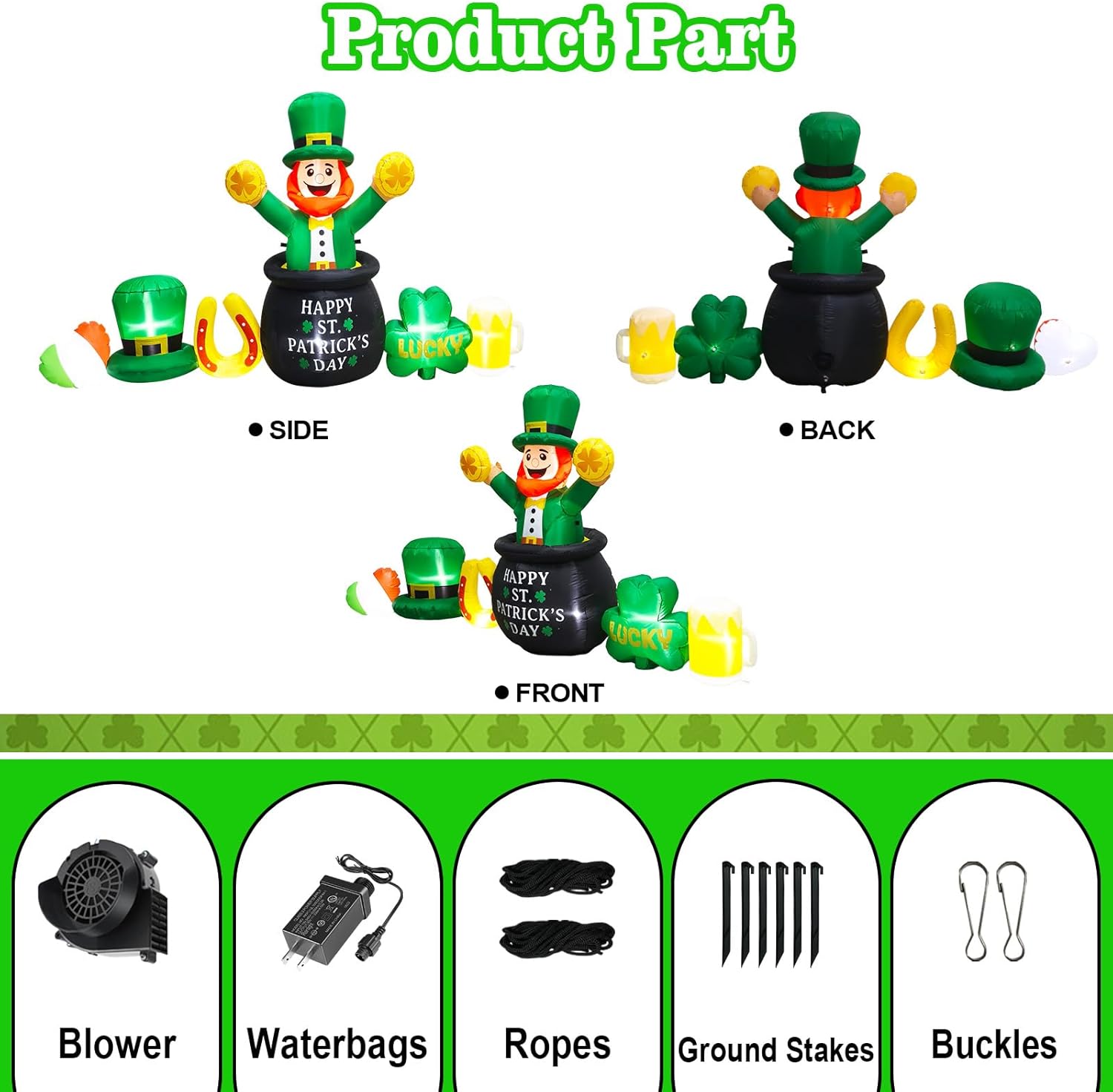 8FT Length St. Patricks Day Inflatables Leprechaun with Shamrock Hat & Clover & Beer Decoration, Blow up Leprechaun Inflatable Built-in Bright LED Lights for St Patrick Blow up Yard Decoration