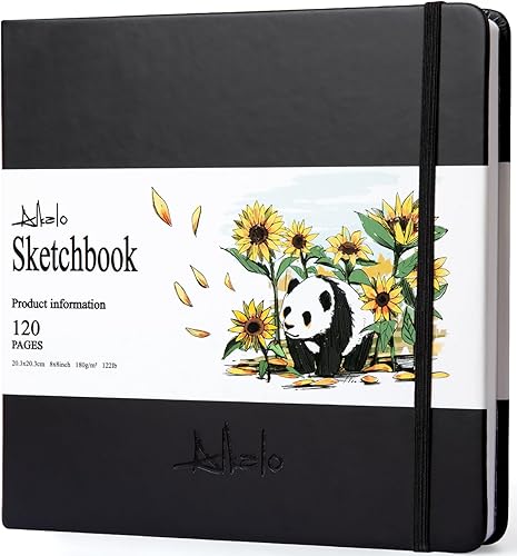 ALKALO Cuaderno de dibujo cuadrado de 180 gsm122 libras con recinto elástico y marcador de cinta mediano negro