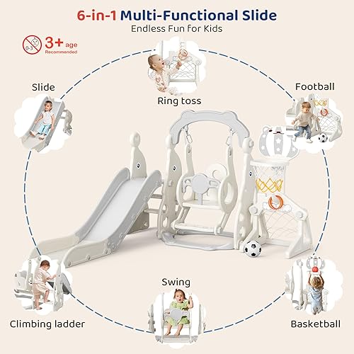 Miniatura 5 de Tobogán para niños pequeños, juego 6 en 1 para niños  Mejora con tobogán, columpio, fútbol y lanzamiento de anillos para niños de 1 a 3 años, parque