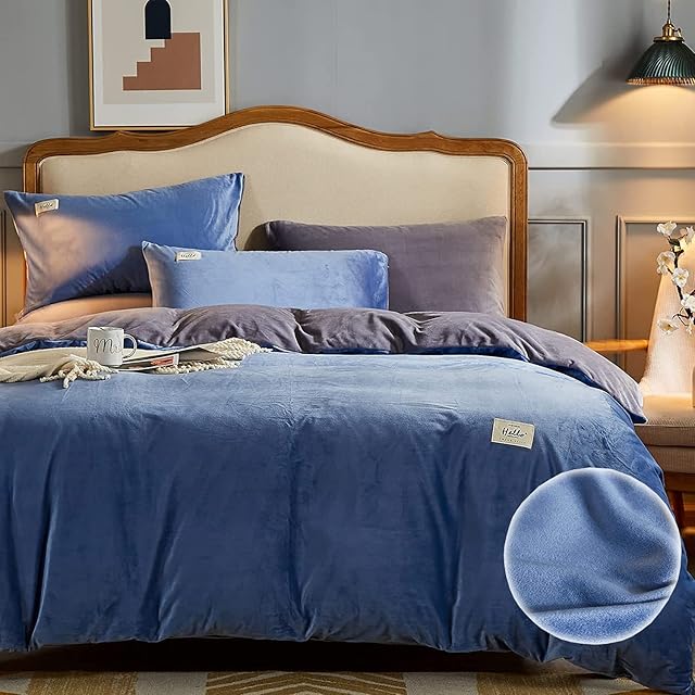 Beyeutao Soft Flannel Duvet Cover Double Warmth Bedding Set Solid Color Blue Grey Double Size Duvet Cover Set 3 Pieces Bedding Set with Velvet Duvet Cover Pillowcases. (Blue+Grey, Double)