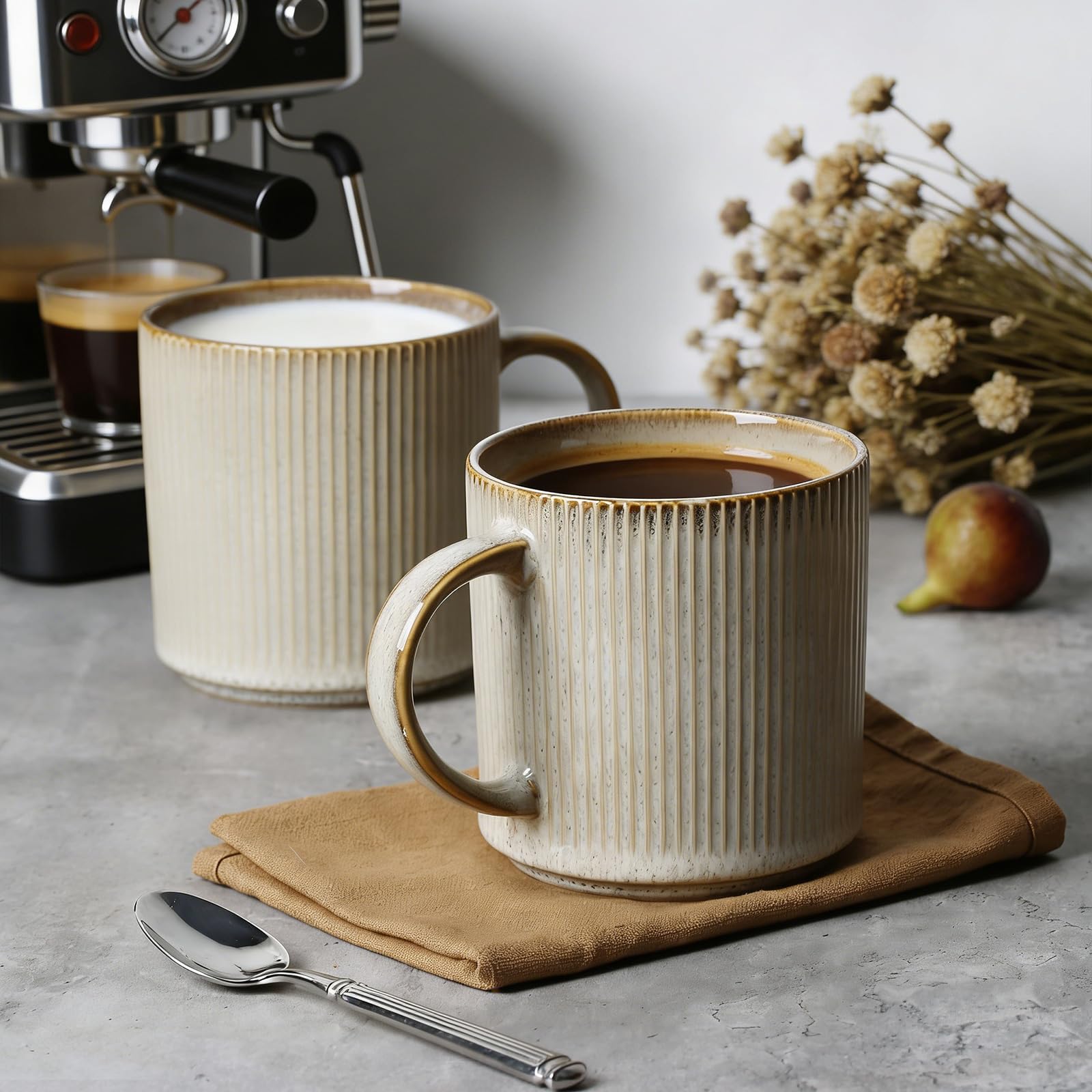 MONITO Juego de 4 tazas de café de 16 onzas, tazas de café de cerámica con asas grandes, adecuadas para latte, té caliente, capuchinos, moca y cacao, beige bonbon