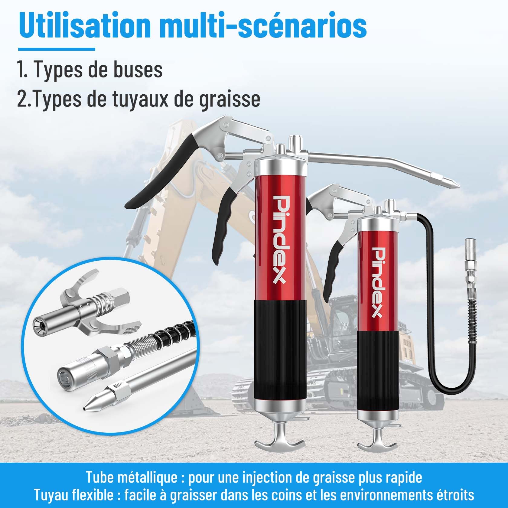 Pindex Pompe à Graisse Manuelle avec 10000PPSI Coupler, Pistolet graisseur pour Cartouche de Graisse 400cc avec 2 Rraccords de Graisse, Tuyau de 45cm Tube Métallique de 15cm | Pistolet à graisse à main avec mamelon de graissage, tuyau de 45 cm, tube en mé