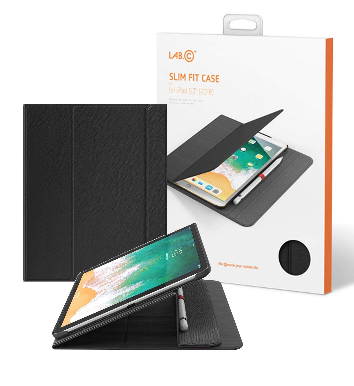 Apple iPad 9.7 2018 LAB.C Slim Fit Case Magnet Clasp with Pencil Holder - Black