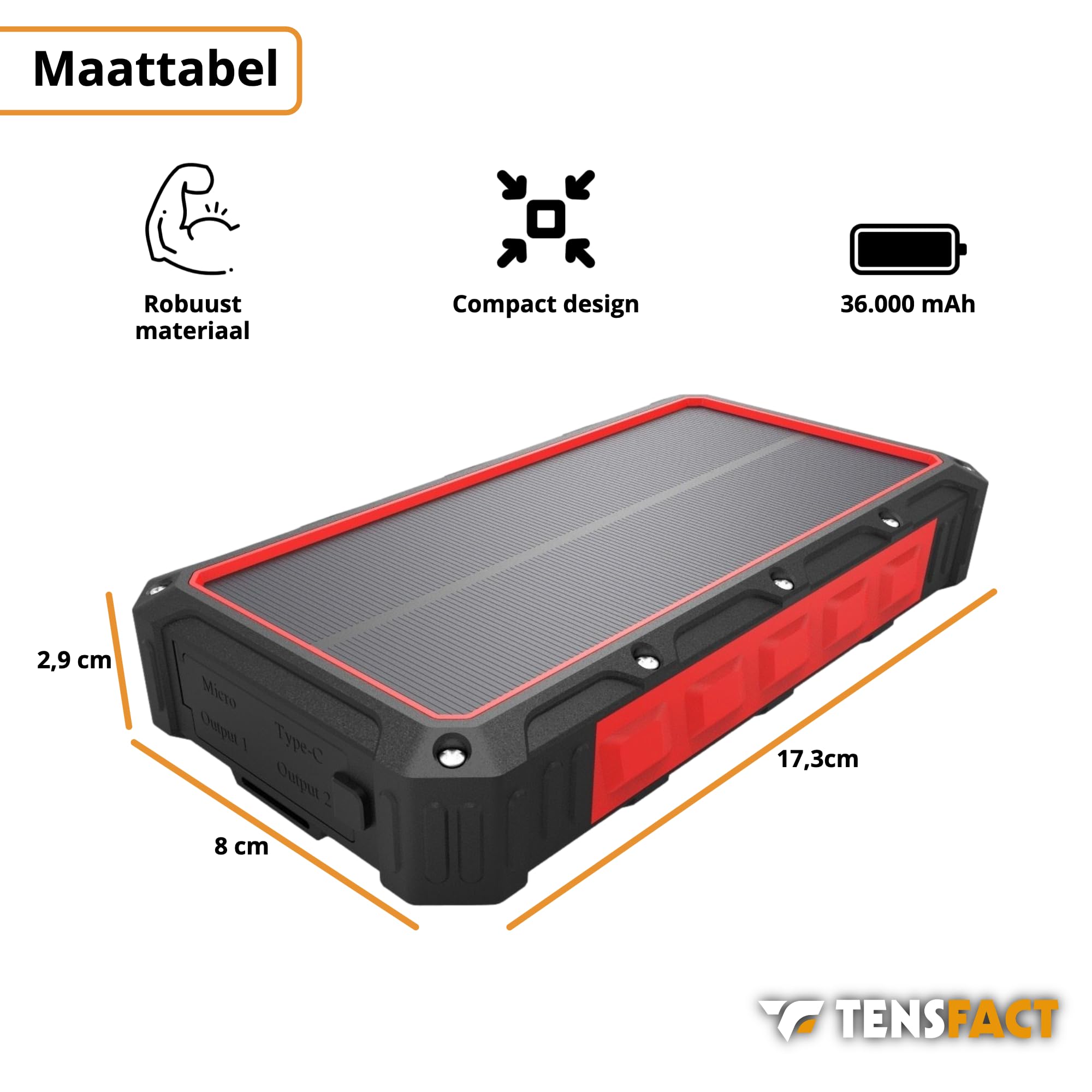 Powerbank solare 36000 mAh Wireless Charger - Powerbank Solare - USB & USB-C - Rosso