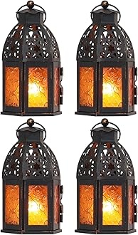 NEEDOMO Set of 4 Moroccan Candle Lantern, 9" Ramadan Lanterns Decorative Indoor Outdoor, Vintage Candle Holder for Chritsmas, Halloween, Table, Patio, Porch, Shelf, Ramadan Decorations (Amber)