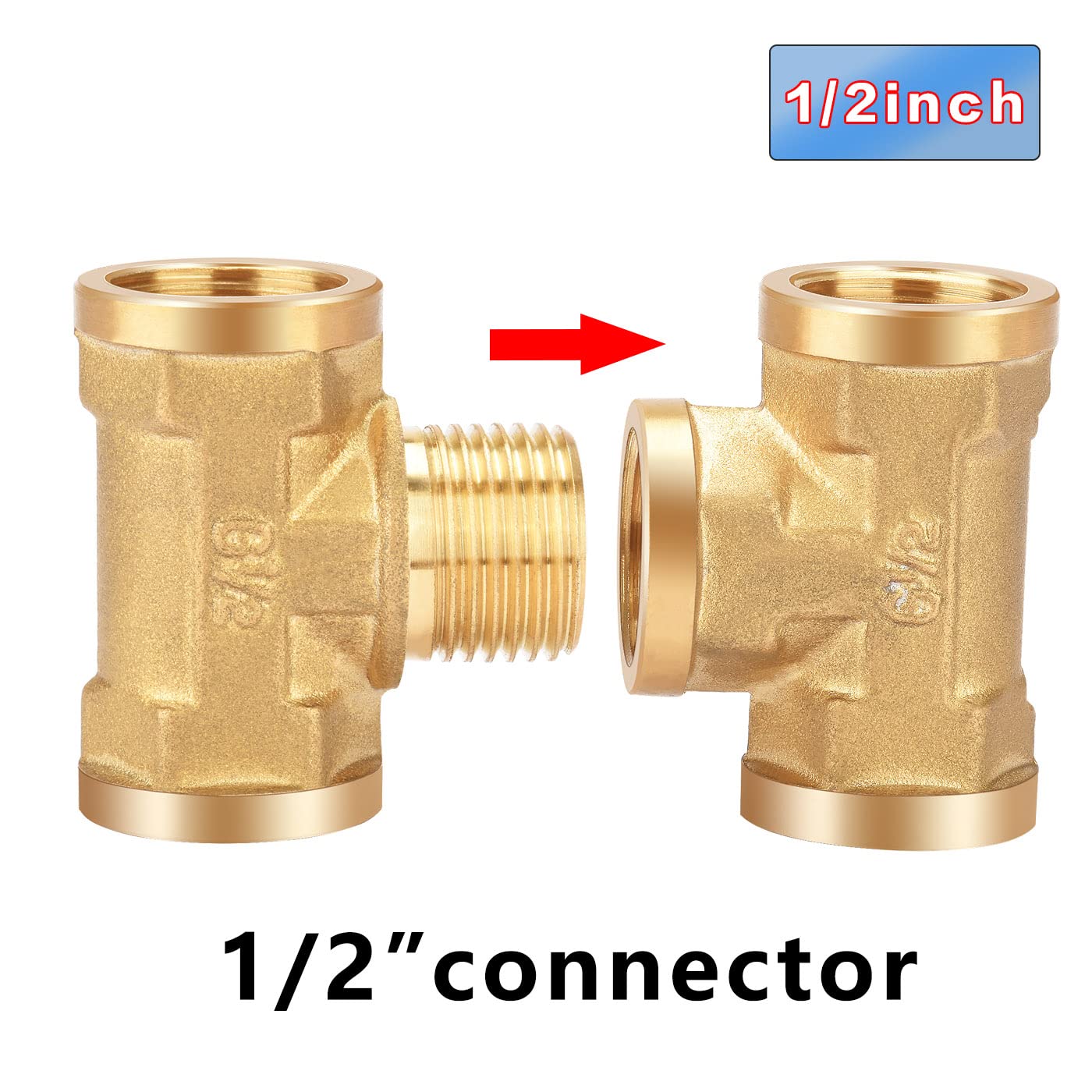 Raccord En T Laiton 1/2" - 90° IG/IG/AG - Lot De 2 - Pour Eau Potable Et Chauffage