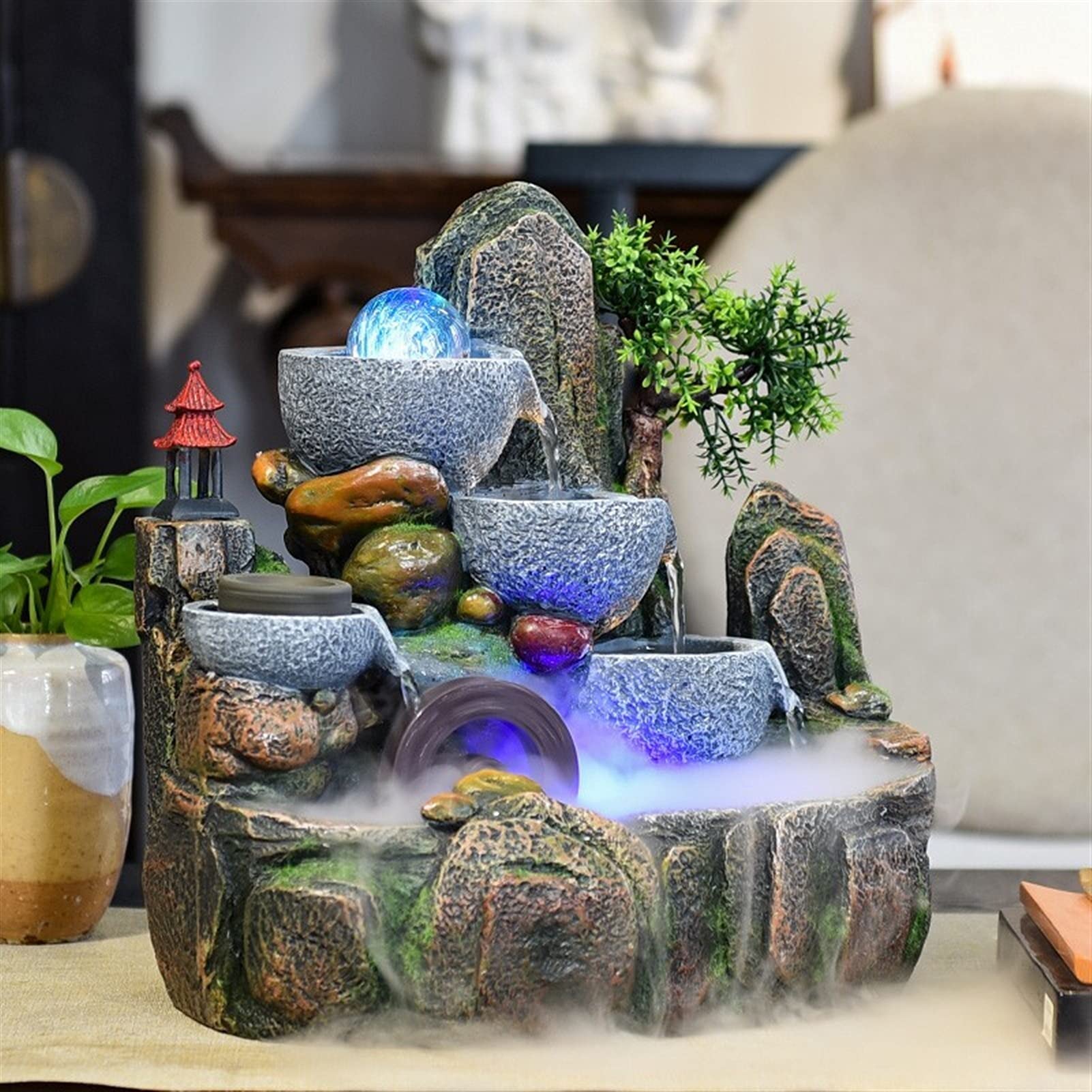 Fuente de Mesa Hermosa roceadora y flujo de agua Fountain Fountain Fengshui Wheel Transfer Ball Sala de estar Decoración de la oficina de escritorio (32 * 20 * 32 cm) Springs Fuente de relajación