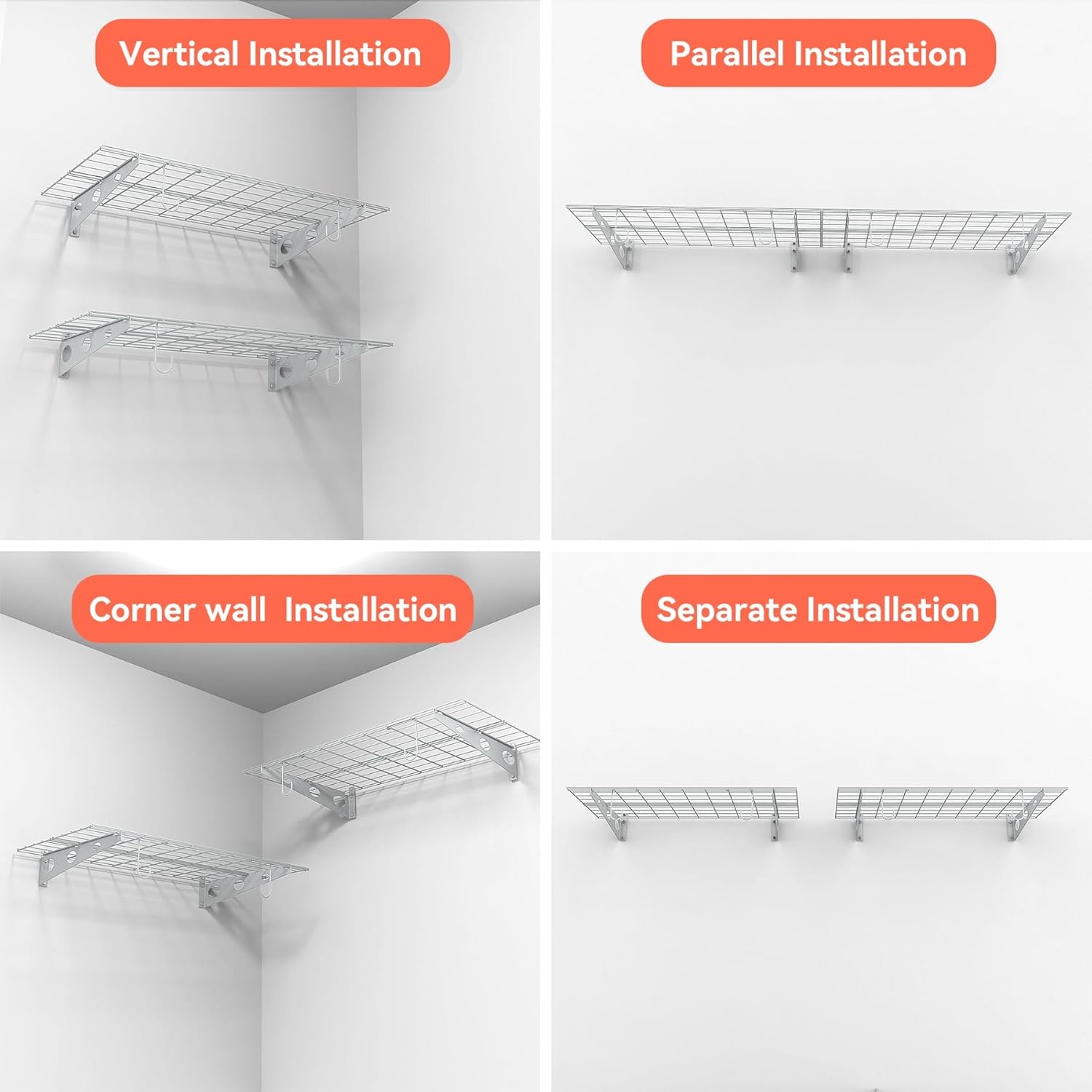 TORACK 2-Pack Garage Wall Shelves, 24" x 48"/2x4 ft Wall Mounted Wire Shelf for Garage Heavy Duty Floating Shelves(White, Pack of 2) - Image 8