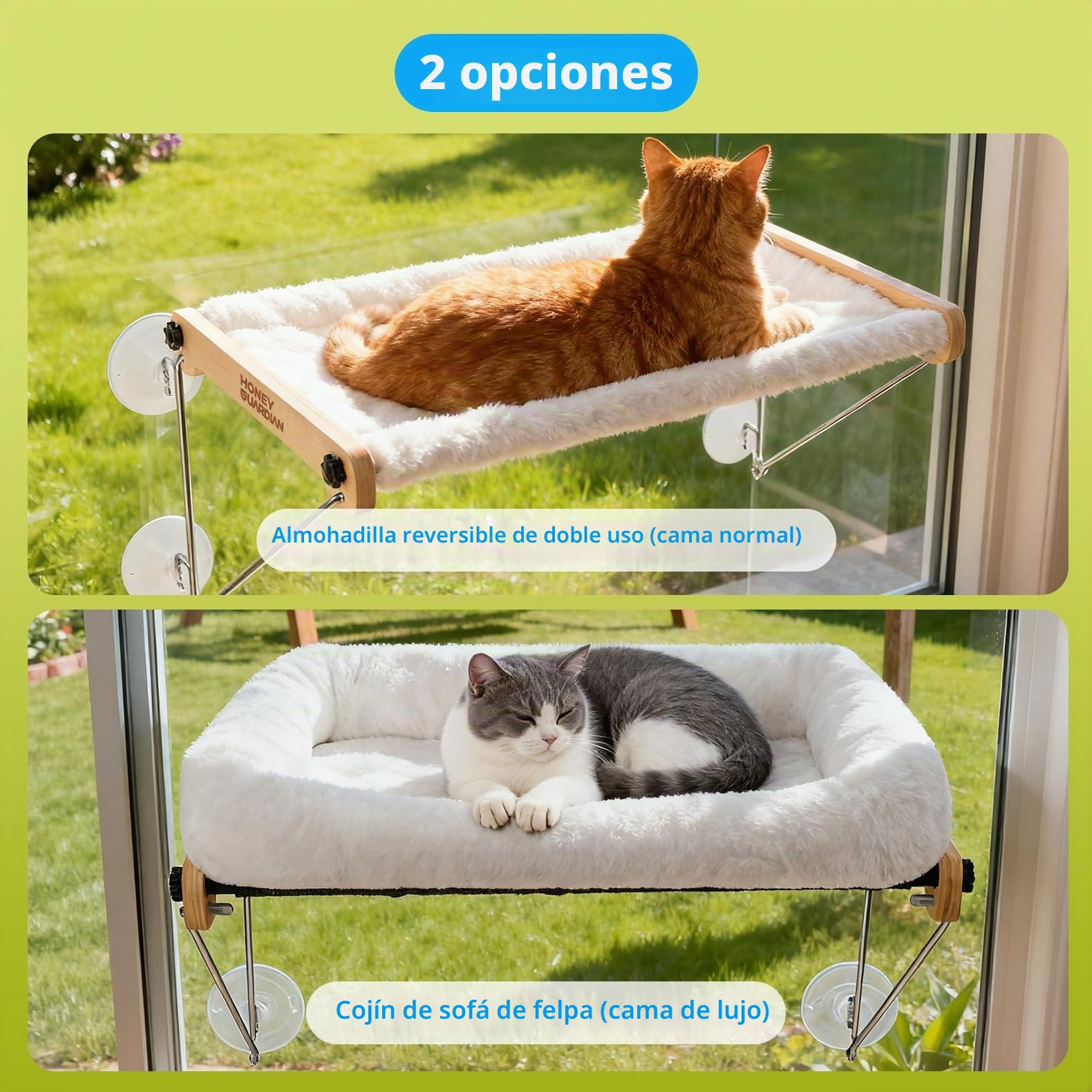 HONEYGUARDIAN Cama Gatos Ventana, Hamaca Gato Ventana de Madera con Ventosa Fuerte, Amaca Camita para Gato, Cama Colgante para Gatos Soporta hasta 18kg con Lavable & Reversible Cojín, 56 x 33cm