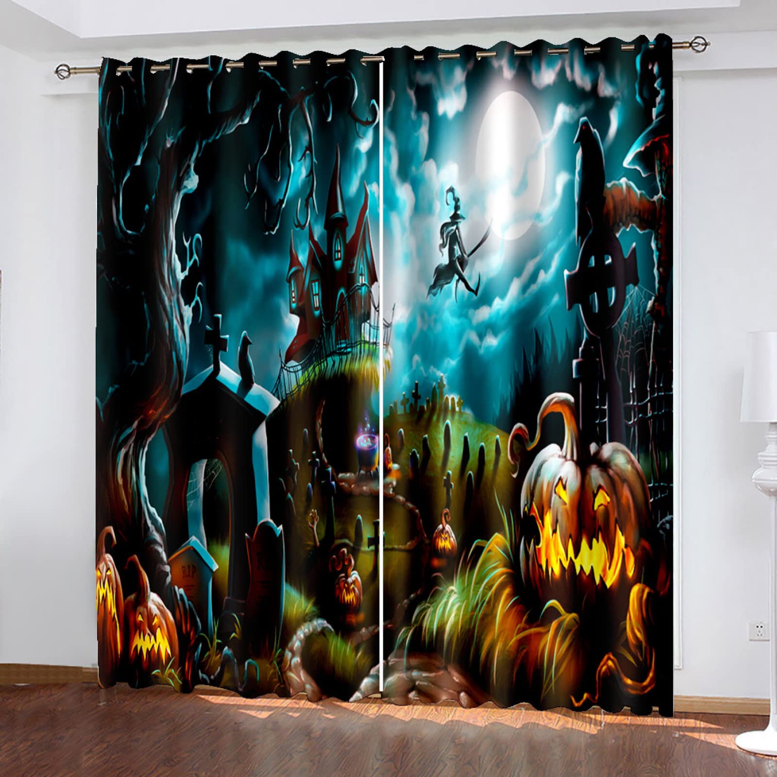 Rideaux Occultants Halloween 140x210cm – Lot De 2, Motif Château Citrouille Forêt, Thermique Et Anti-bruit