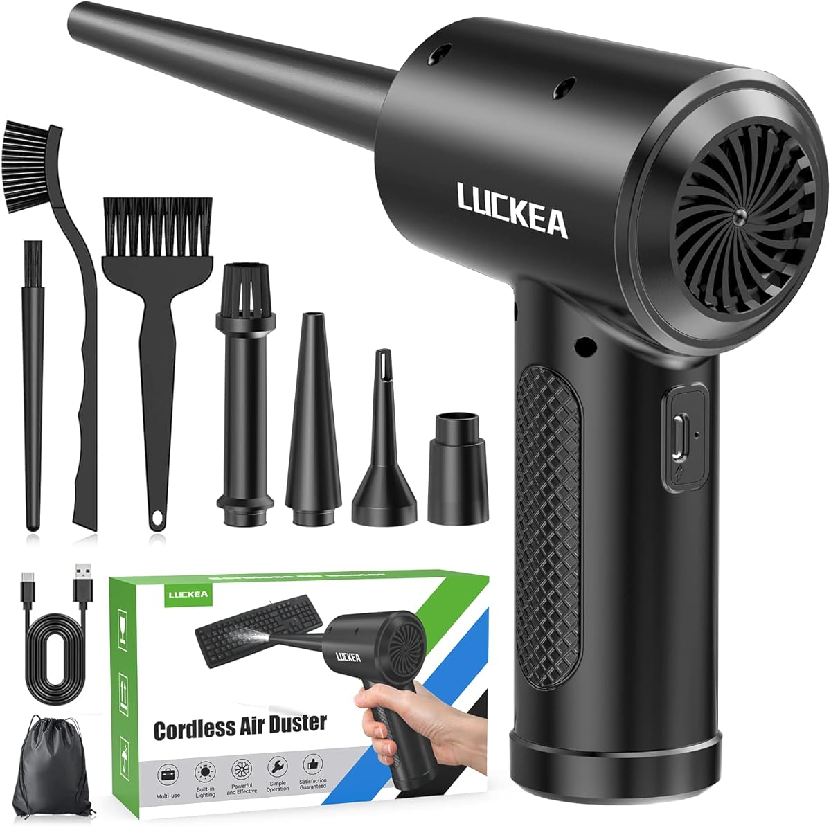 LUCKEA Electric Air Duster Compressed for PC - Rechargeable 6000mAH Blower with Brush Computer Keyboard Cleaning, Cleaner Electronics, Alternative to Canned (‎C4915-6)