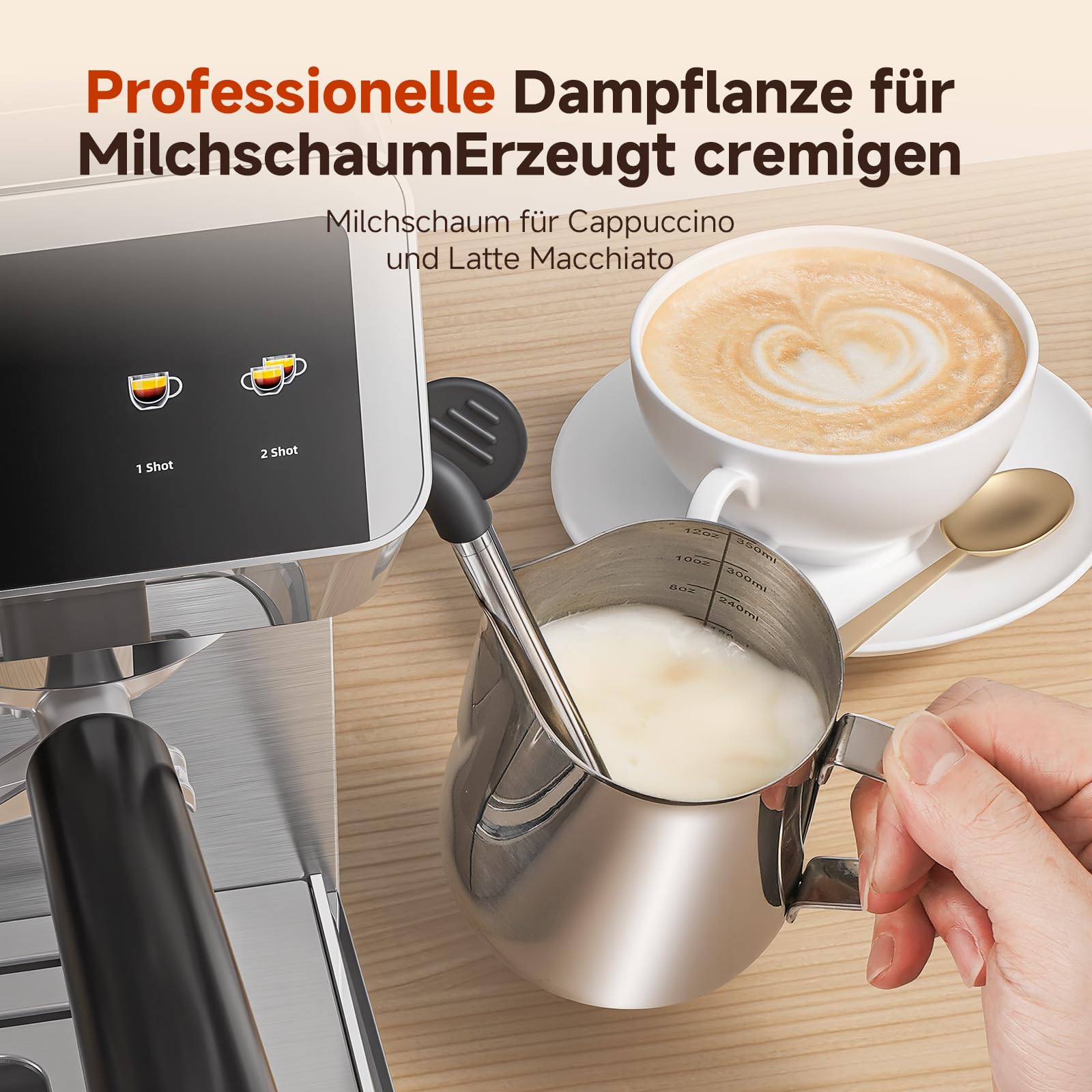 AMZCHEF Siebträgermaschine, 20 Bar Espressomaschine mit mahlwerk, 44 Mahlgrade, 4-Temperaturstufen,Cold Brew, 1,8L Tank,espressomaschine mit Milchaufschäumer, IMD Touch Screen,Edelstahl
