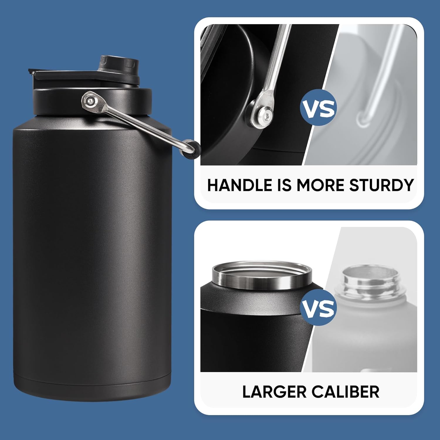 One Gallon Insulated Water Bottle for Travel: 2-in-1 Straw and Spout Lid, Keep Cold 24Hrs, Leakproof, 128oz Water Jug With Handle, Vacuum Stainless Steel for Sports, Hiking, Trip (Black)