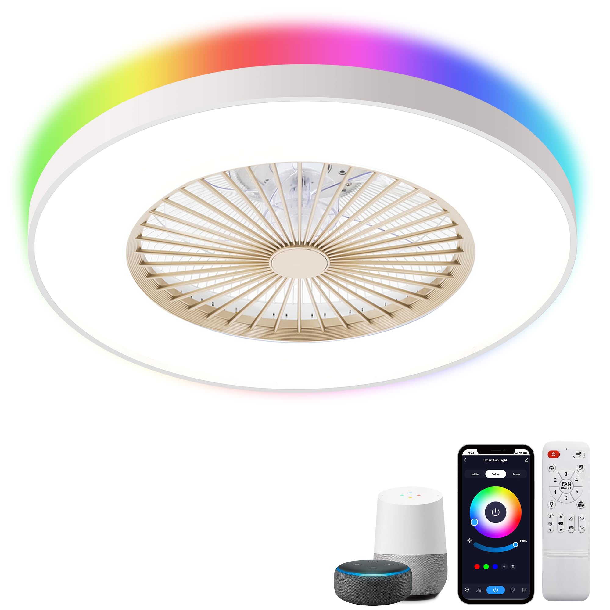 24" Bladeless Ceiling Fan with Light, Low Profile Ceiling Fan with Light?Smart Alexa/Google Assistant/APP Control, Flush Mount Ceiling Fan Dimmable Color Changing LED Ambient Light
