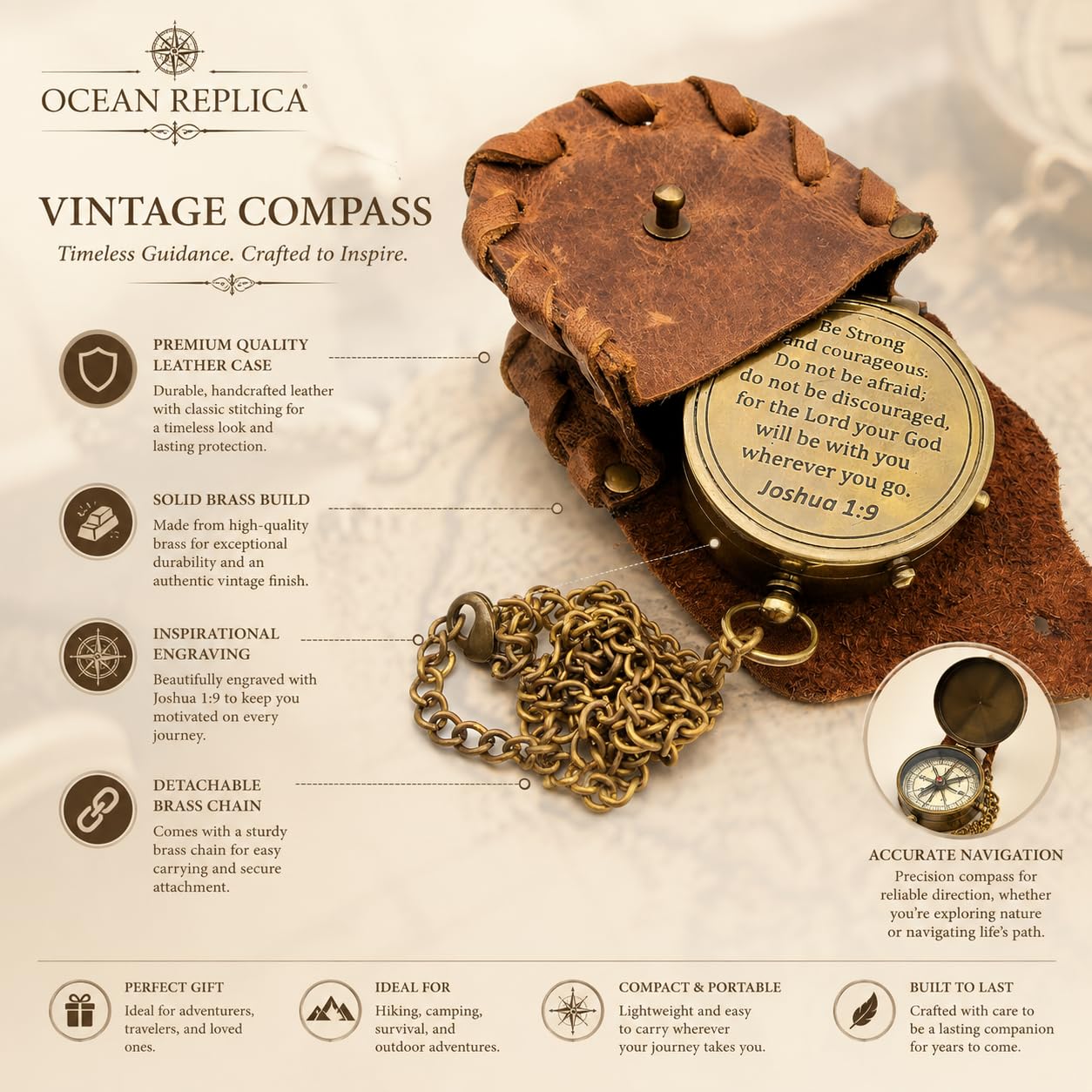 OCEAN REPLICAS Be Strong and Courageous - Brújula grabada, mejor Pascua, regalos de cumpleaños, regalos de graduación, regalos de boda, Josué 1:9