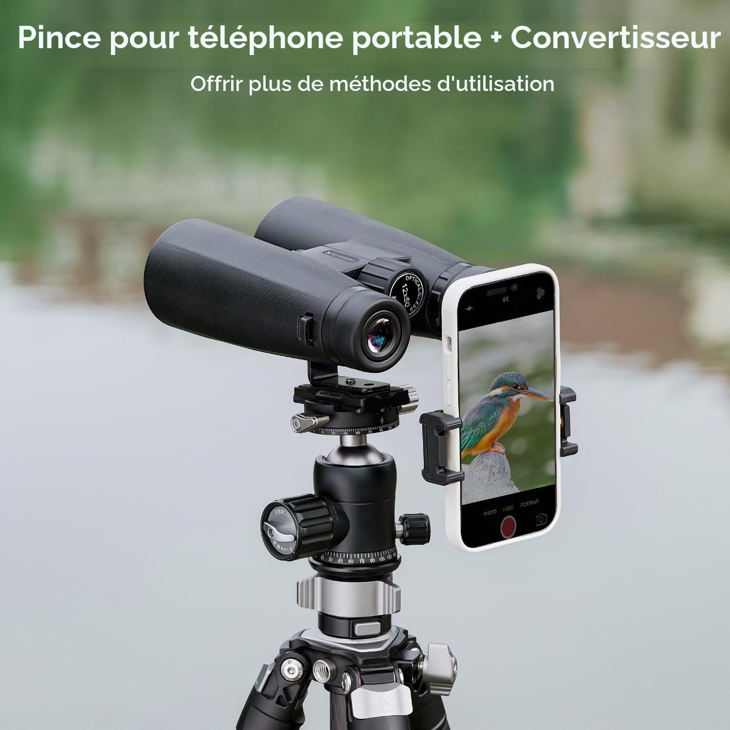 K&F CONCEPT Jumelles Adultes 12 * 50 HD Noir avec Support pour Téléphone Portable et Support de Conversion en Trépied pour Extérieur Chasse, Observation Oiseaux, Voyage, Randonnee | avec Support pour Téléphone et Support de Conversion en Trépied pour Exté