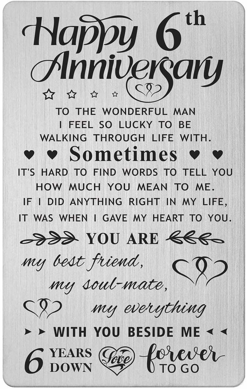 6th Wedding Anniversary Card Gifts for Him Husband, Happy 6 Year Anniversary Card Presents, Metal Engraved Wallet Card
