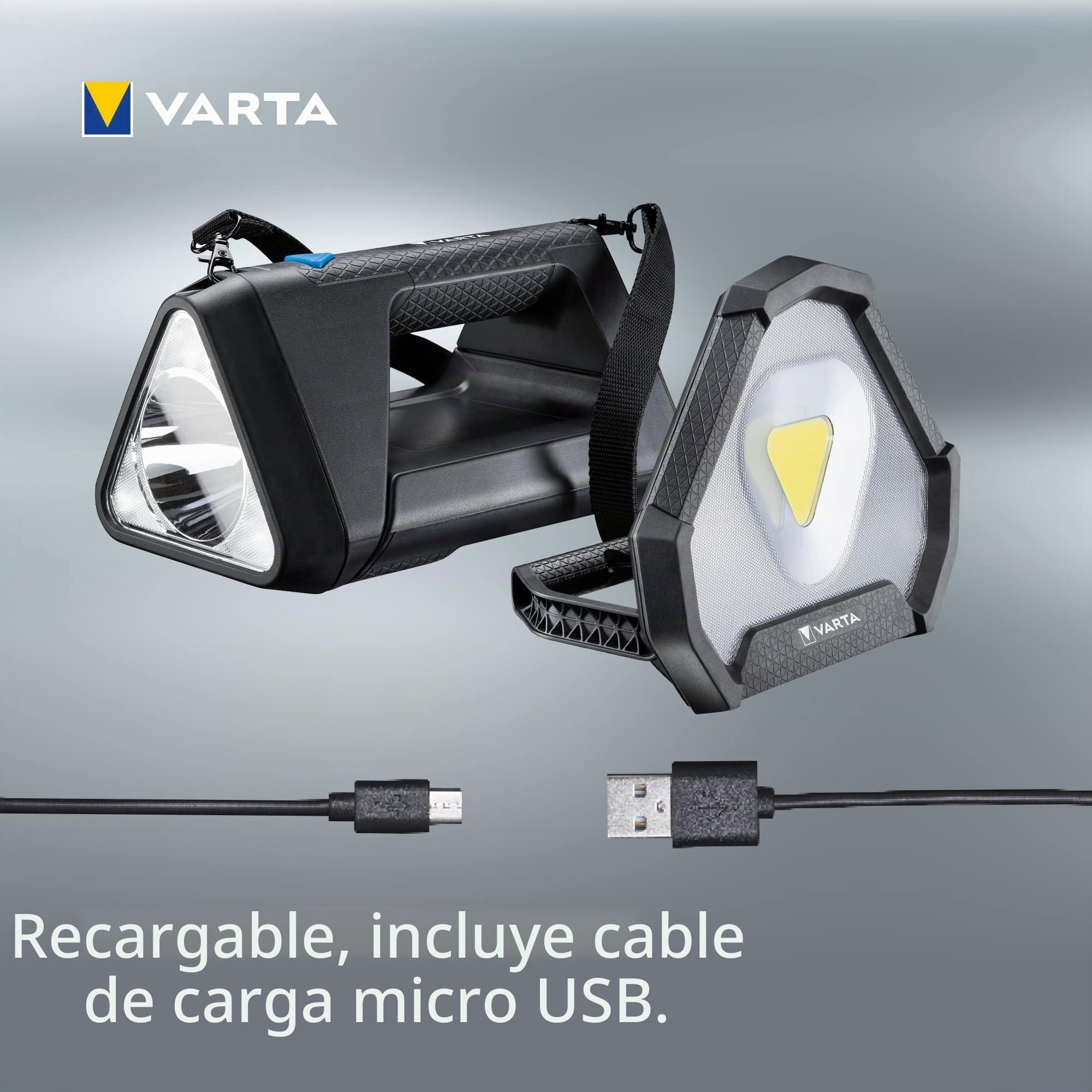VARTA Foco de trabajo LED, recargable, Work Flex Stadium Light, IP54 | Luz de trabajo 1450 lm, 3 modos de luz, 15 h autonomía, Li-Ion recargable, soporte ajustable, carcasa robusta y duradera