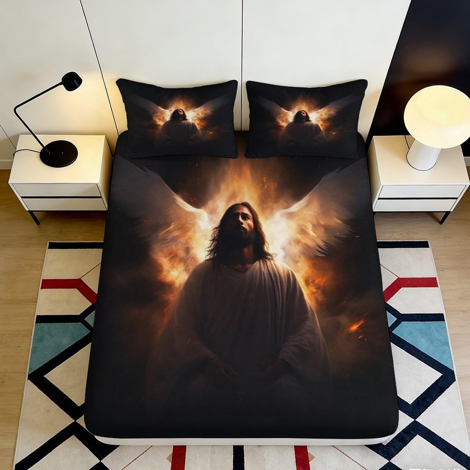3D Printed Angel Aura Fitted Sheet Microfiber Soft Black Sacred Light Mattress Cover Bedroom Decor Washable 90x200x25cm