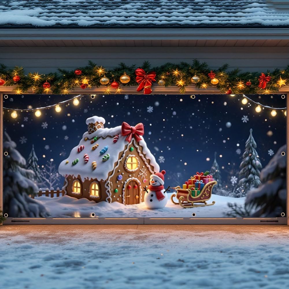 7x16ft Christmas Gingerbread Garage Door Decorations Snowy Night Candy Gingerbread Snowman Christmas Garage Door Cover Banner for 2 Car New Years Xmas Party Supplies Backdrops for Photoshoot