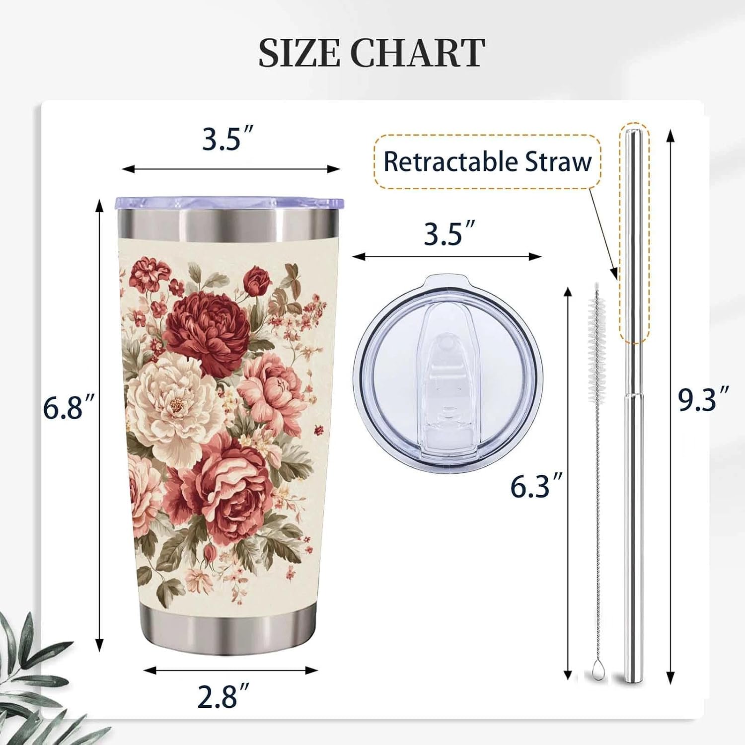Rose Tumbler 20oz with Straw, Vintage Floral Stainless Steel Travel Cup, Pink Flower Garden Drinkware for Women, Romantic Birthday Gift for Her image 3