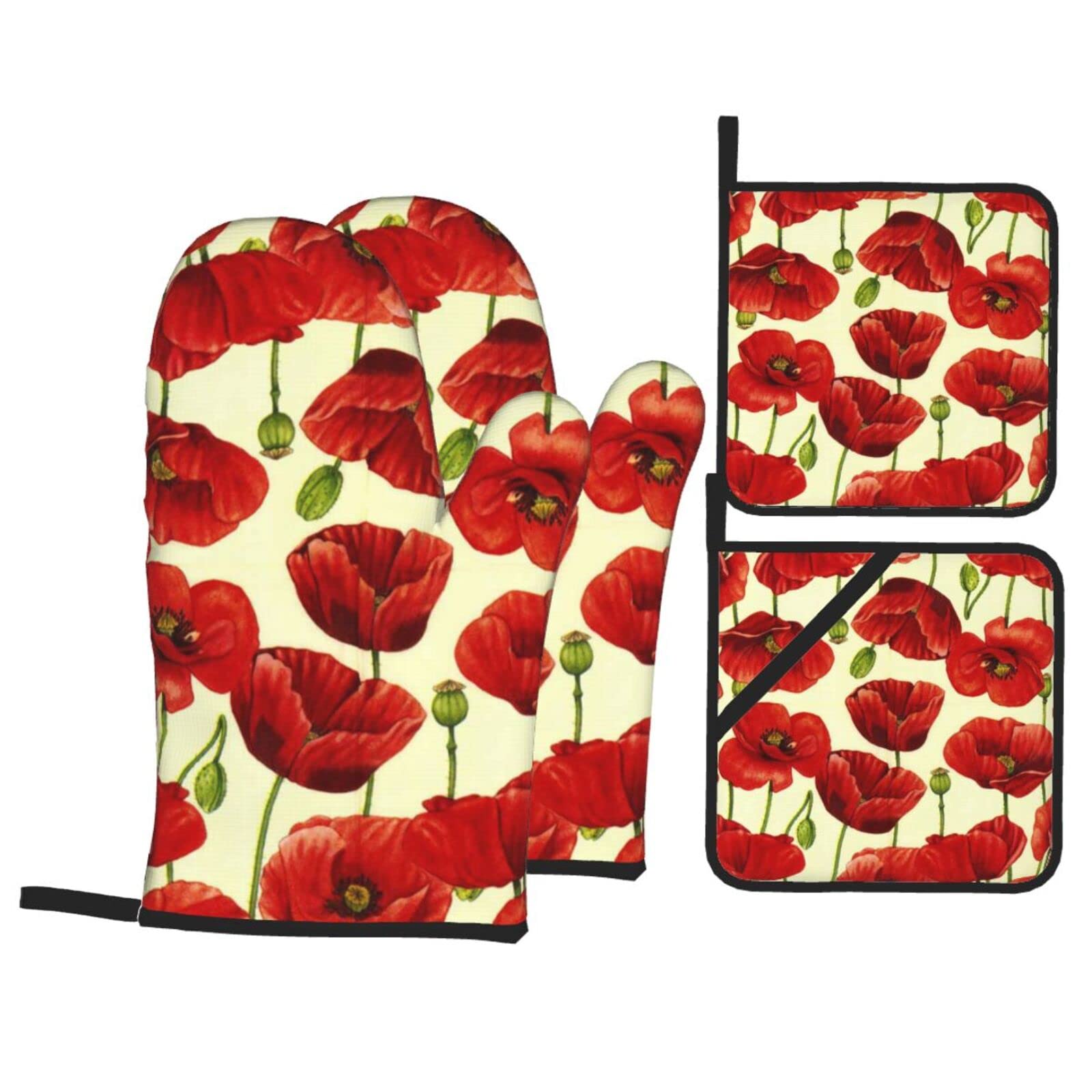 Lot de 4 maniques motif coquelicot rouge antidérapantes et résistantes à la chaleur pour cuisine