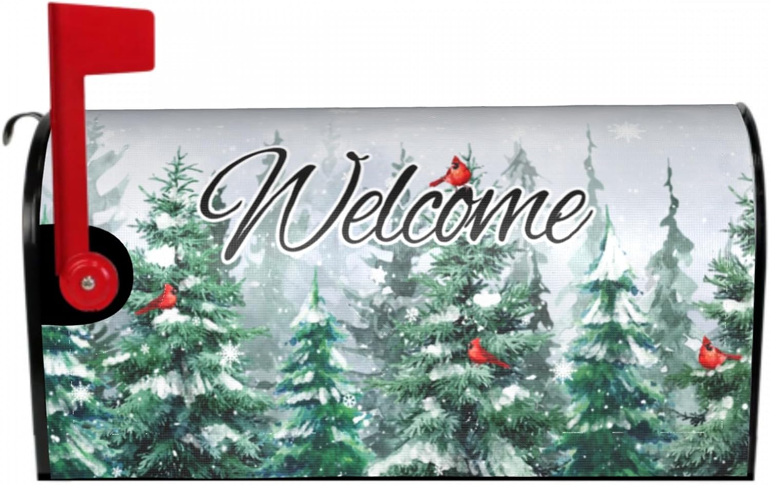 Snow Green Forest Magnetic Winter Tree Red Birds Christmas Mailbox Cover - Standard Size 18 X 21 Holiday Wrap for Home Outdoor Garden