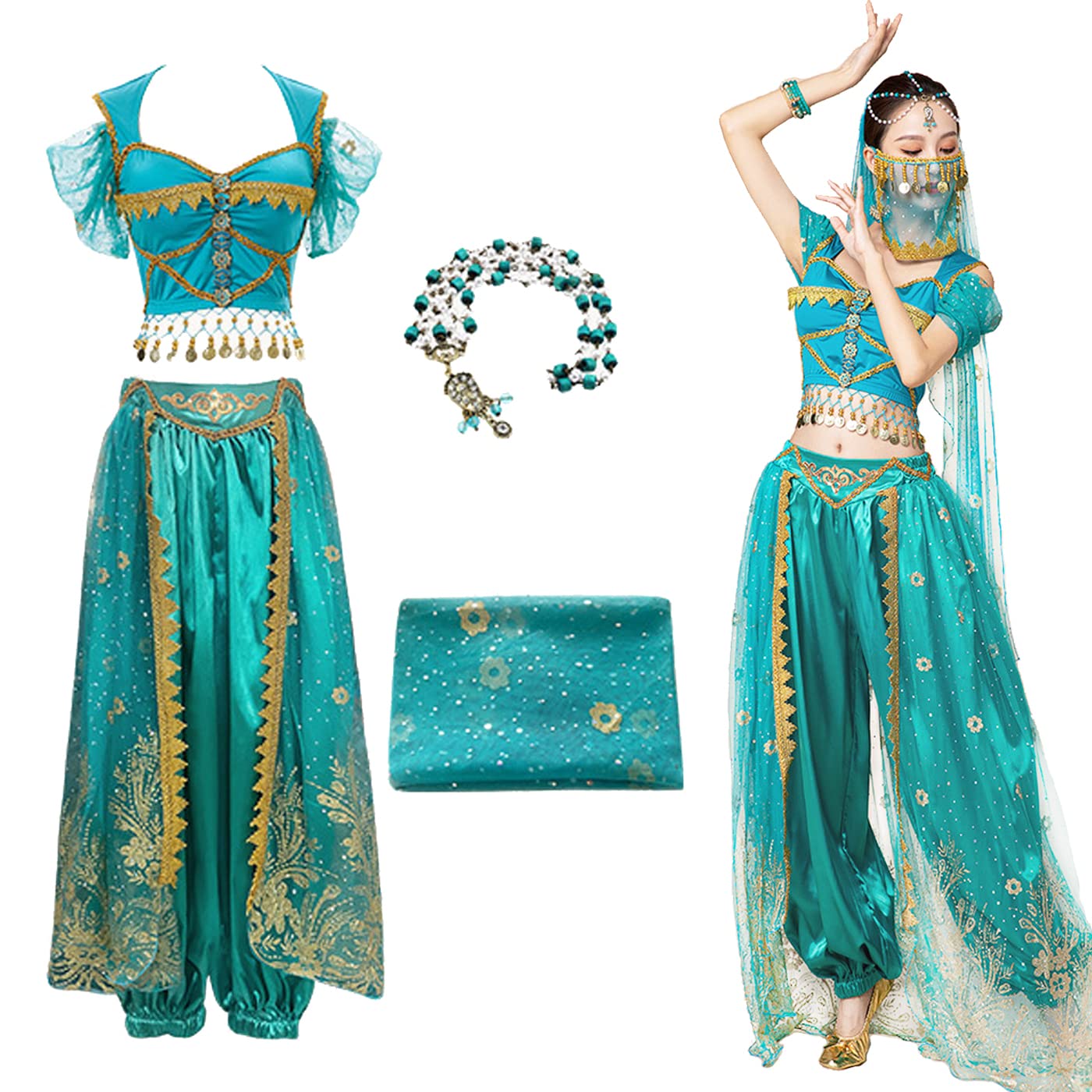Hallojojo Disfraz de Princesa Jasmine para Mujer Disfraz de Princesa Aladdin con Accesorios Disfraces de Danza del Vientre Fiesta de Navidad Halloween Carnaval Cosplay Disfraz de Adulto