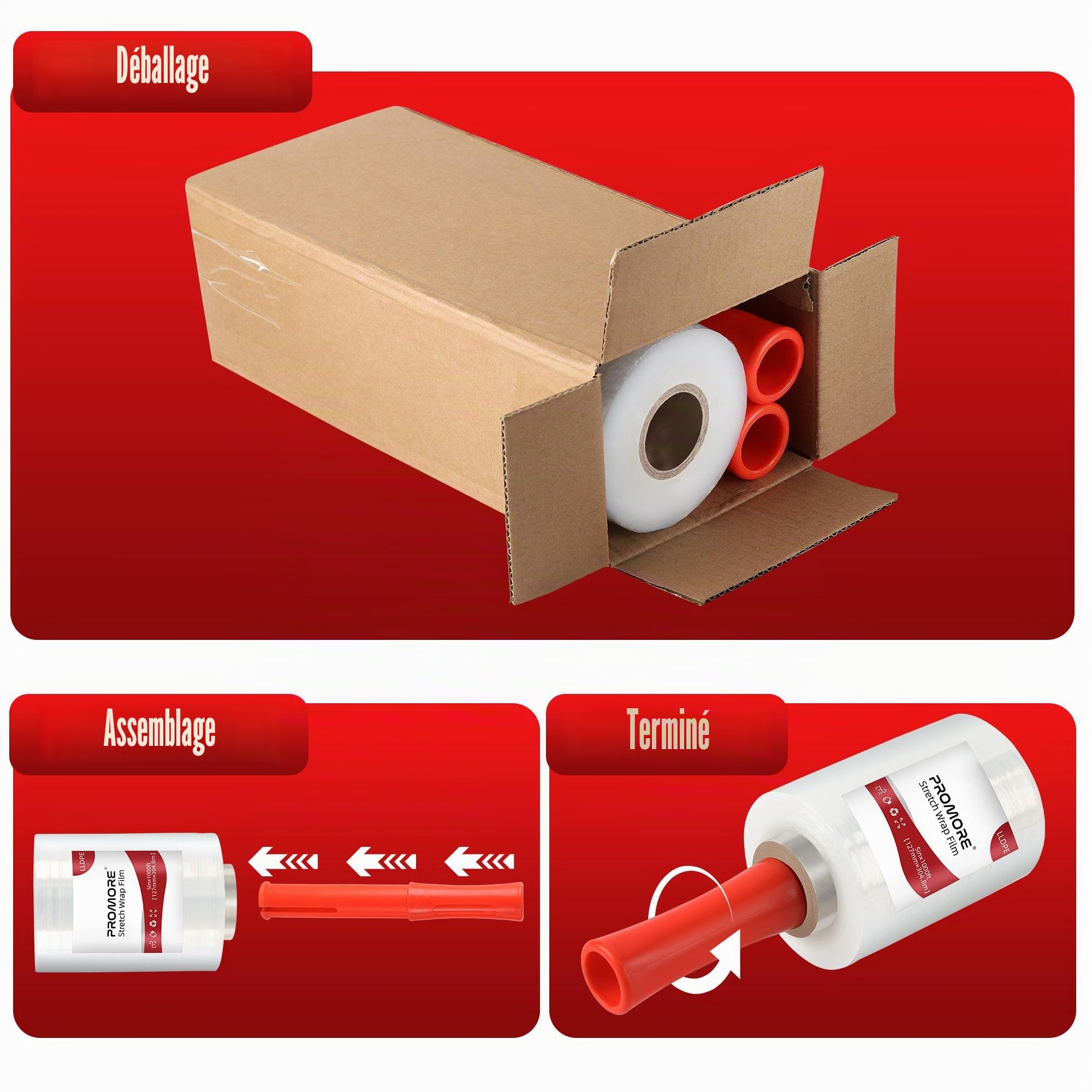 Lot de 2 Rouleaux Film de étirable déménagement avec poignée roulante | 127mm x 305m x 20um – carton cellophane papier emballage demenagement - Film plastique étirable auto-adhésif