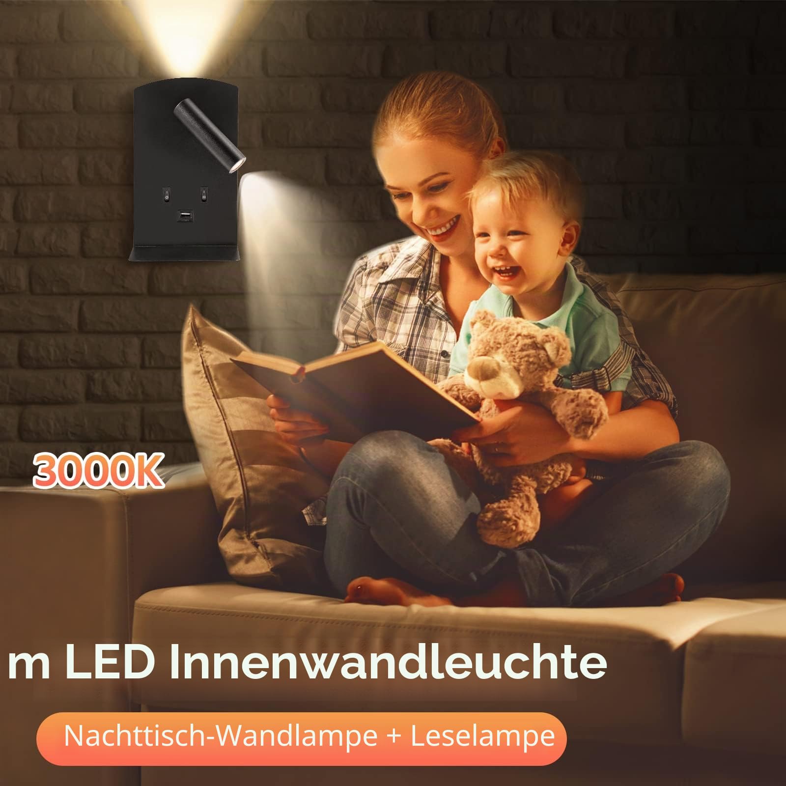 LED Leselampe Wandlampe 2pcs, Leseleuchte am Bett mit mit Handyablage, Verstellbare Wandleuchte am Bett, mit USB-Ladeanschluss und Schalter, Wandleuchten für den Flur(Warmes Licht 3W + 9W) (Schwarz)