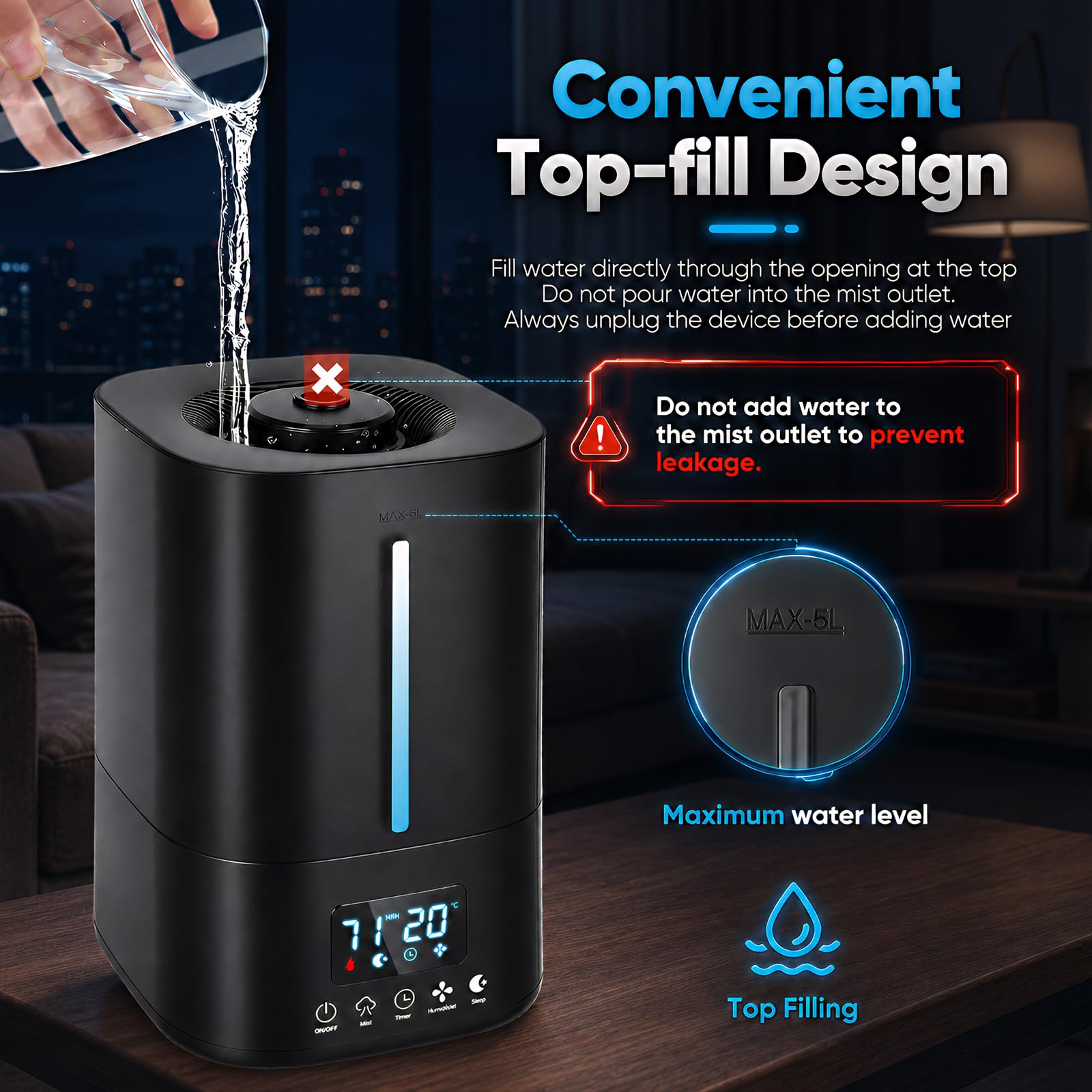 Humidificador para reptiles y plantas, humidificador de terrario de 5 litros con mando a distancia, temporizador y modo de sueño, salida de niebla de 3 niveles, humidificador de relleno superior para