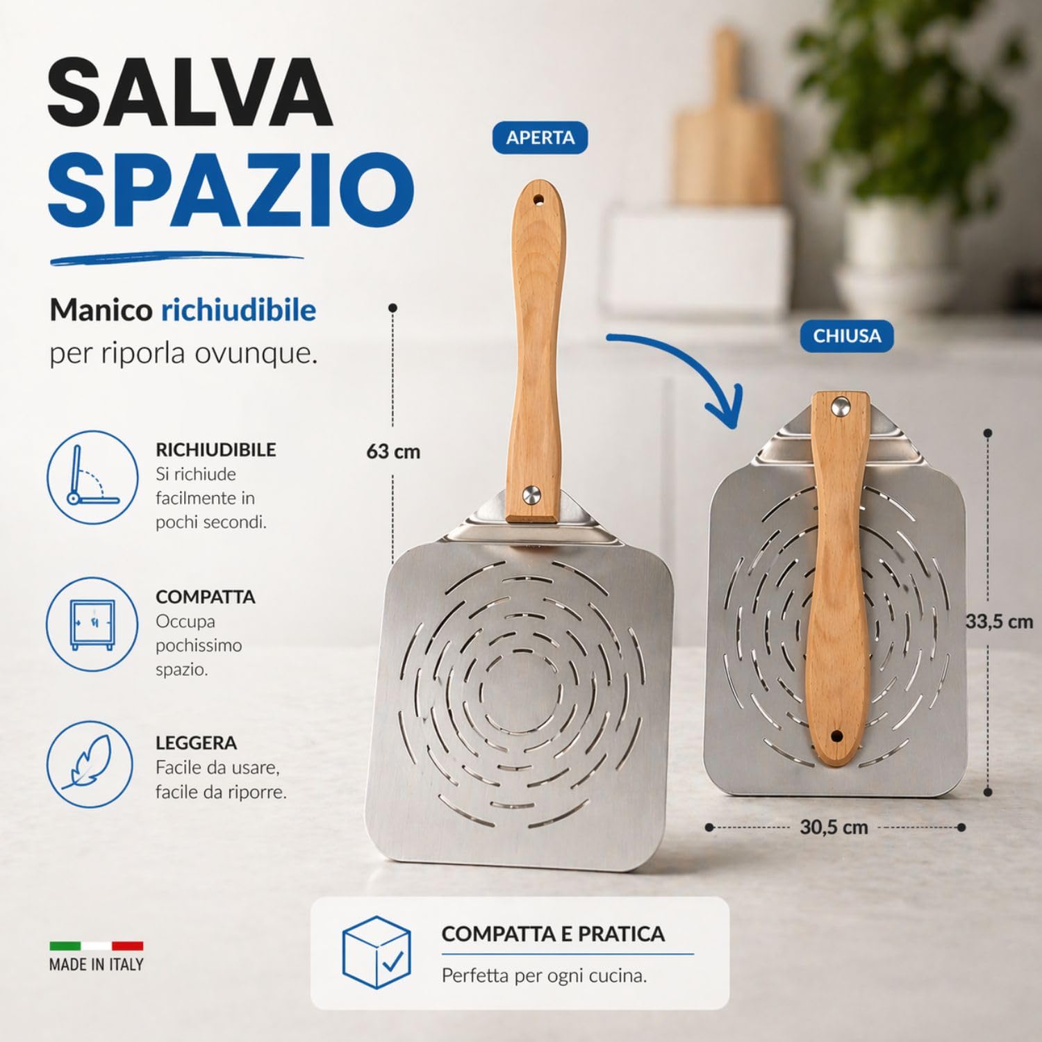 INOXLM Pala per pizza forata in acciaio inox manico pieghevole in faggio 33,5x30,5 cm, Pala per pizza corta, leggera e salvaspazio, ideale per forno domestico - Made in Italy