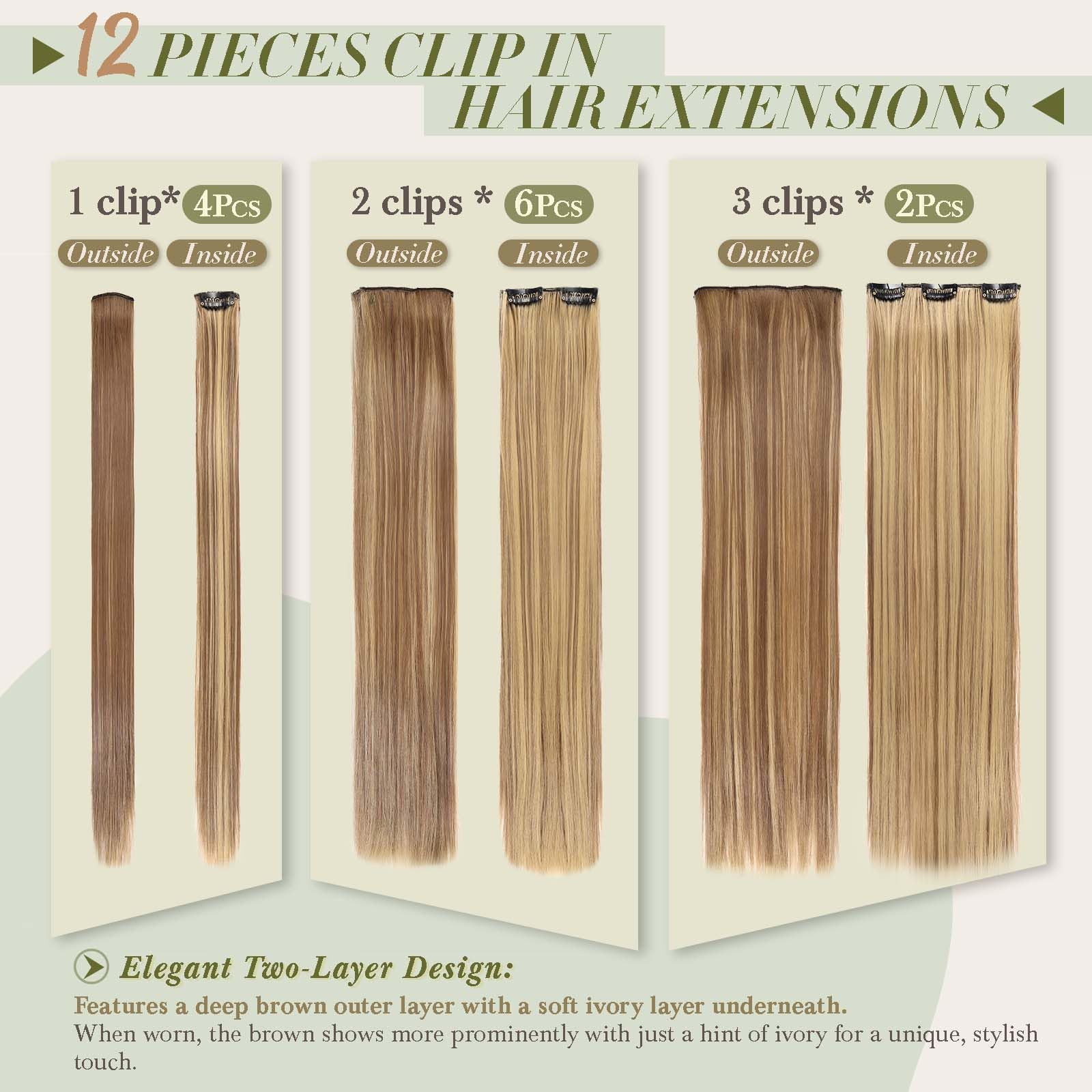 Hair Extensions Clip In 22 Inch Long Straight Clip in Hair Extensions Light Blonde with Golden Highlights Synthetic Fiber 12 PCS 180g Hairpiece for Women - Image 4