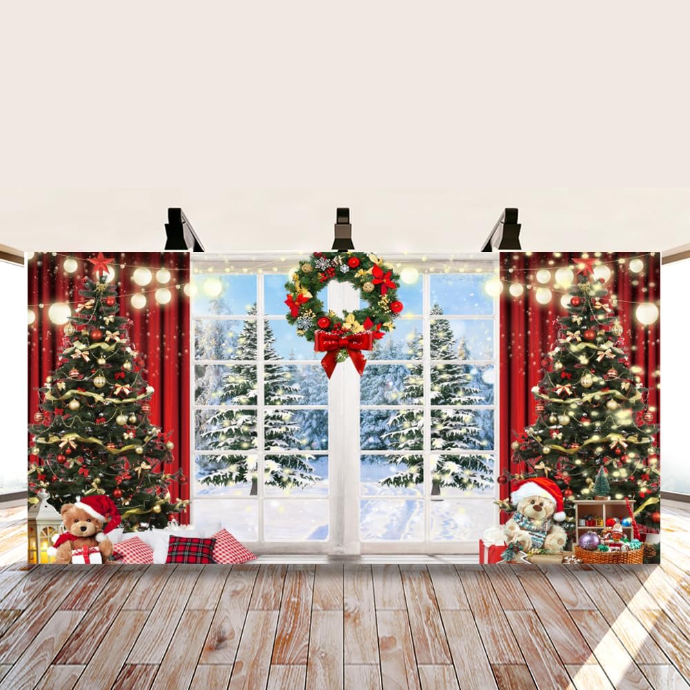 Christmas Backdrop 20x10ft Winter Window Backdrop for Photography Xmas Tree Glitter Snow Tree Christmas Party Decorations Supplies Banner Photo Props
