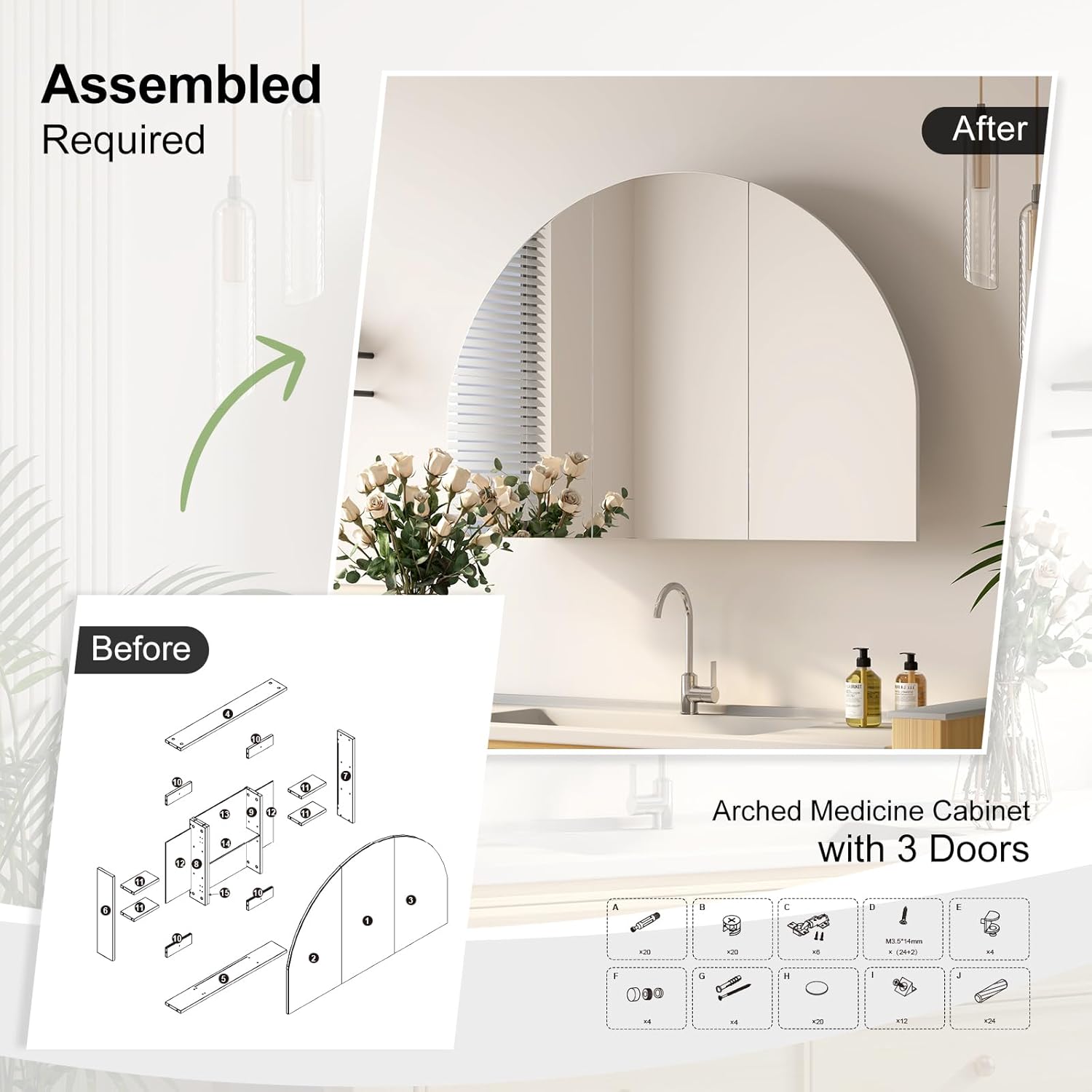 Arched Medicine Cabinet,3 Doors, Bathroom Medicine Cabinet with Mirror,Large Mirror Cabinet Wall-Mounted with Storage, Surface Mount,47x31Inch