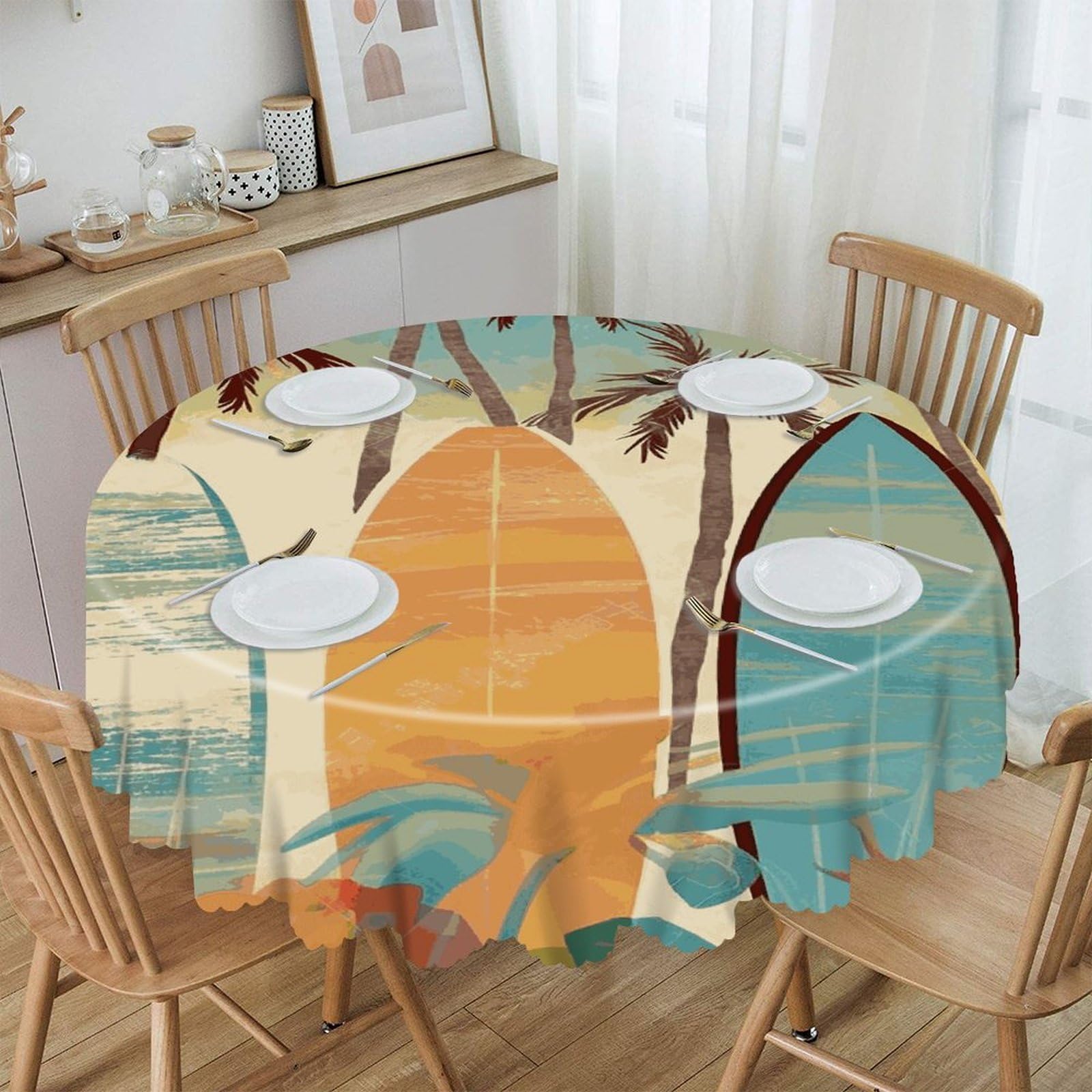 VstaDank Surfboard Palm Tree Round Tablecloth Premium Polyester Table Cloth Heavy Duty Washable Fabric Tablecloth Waterproof Holiday Table Cover Decorative Tablecloths for Dining 60"
