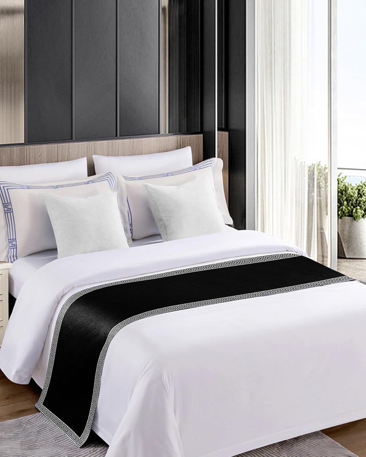 Greek Art Inspired Geometry Bed Runners for Bedroom Hotel,Decorative Bedding Scarf Abstract Monochrome Black White Bed End Blanket Bedding Runner Scarves for King Size Bed,102x20in