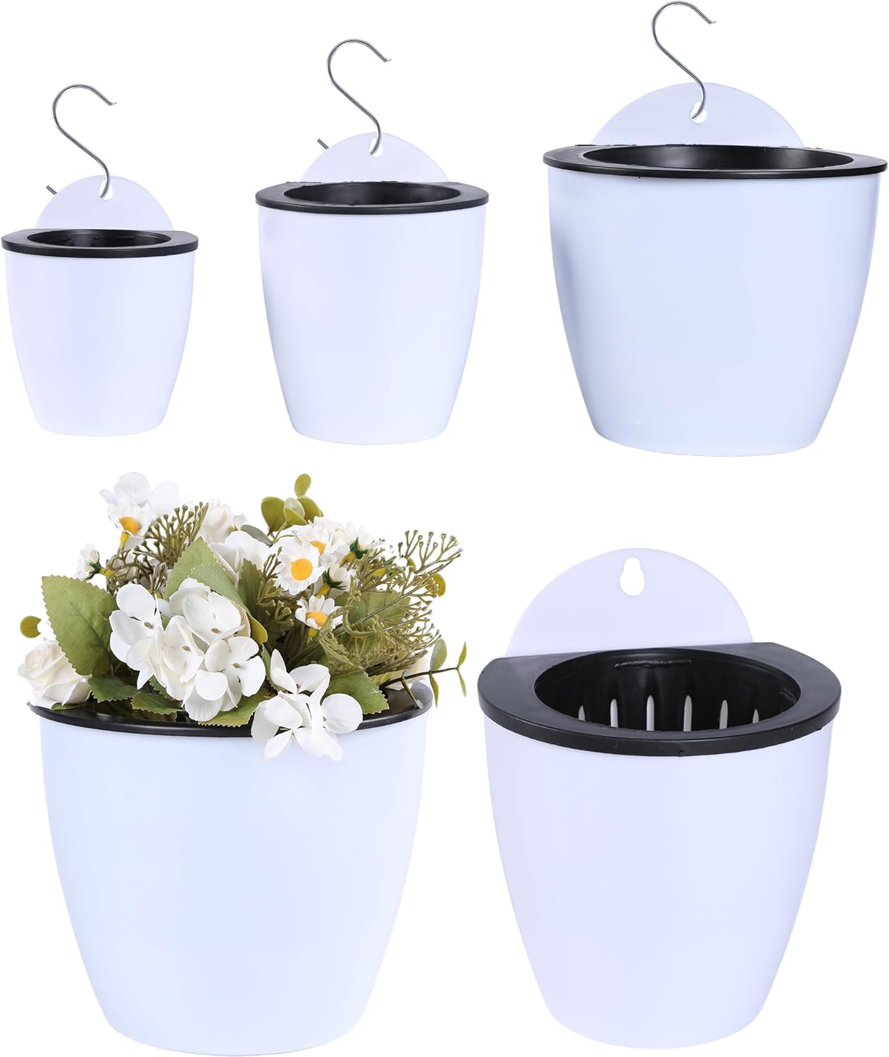 Self Watering Wall Mounted Planters | Set of 3 White Indoor/Outdoor Hanging Planter with Double Layer Design & Flat Backed for Mounting | Effortless Plant Care & Stylish Wall Pots.