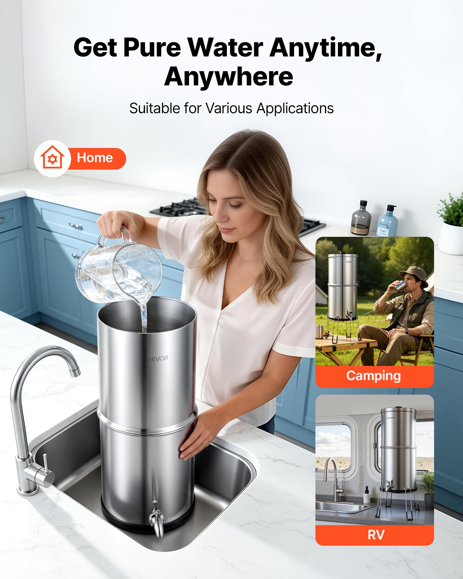 VEVOR Sistema de Filtración de Agua por Gravedad 8,52 L Acero Inoxidable, Reduce el Plomo y Hasta 99% del Cloro, Con 2 Filtros de Carbón y 2 Filtros Desfluorantes, Con Grifo y Soporte, Para Encimera