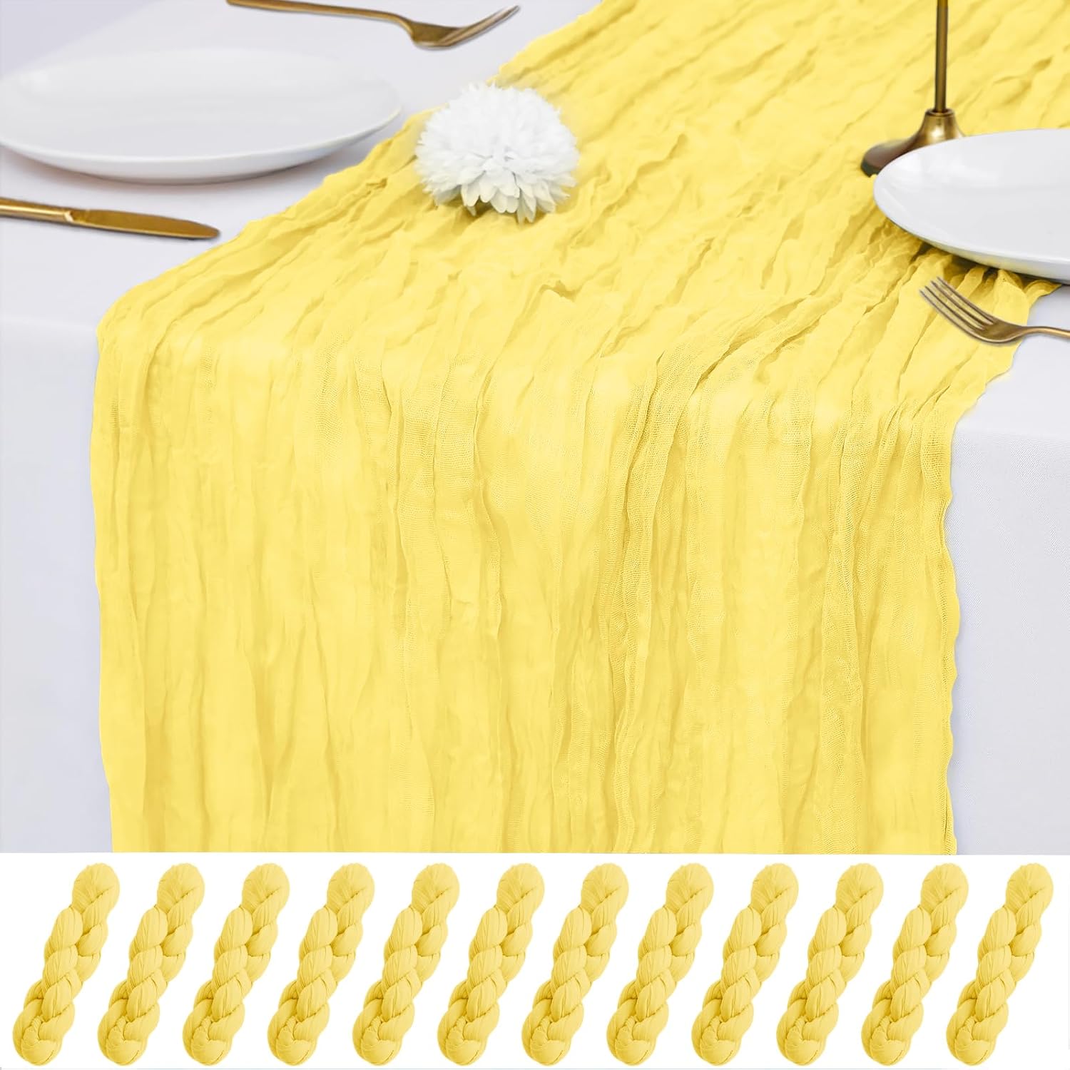12 Pack Light Yellow Cheesecloth Table Runner 21x120 Inches, Boho Gauze Rustic Semi Sheer Cheese Cloth Table Runners for Easter Wedding Bridal Baby Shower, Birthday Party, Long Farmhouse Table Decor