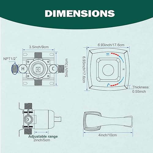 Miniatura 7 de Válvula mezcladora desviadora de ducha de 2 vías bronce aceitado, mezclador de latón de doble función, conexión NPT de 12 pulgada, kit de molduras