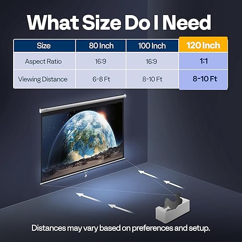 Miniatura 20 de VIVOHOME Pantalla de proyector desplegable 1:1 de 120 pulgadas, pantalla de película retráctil HD 4K para cine en casa y oficina en interiores, Negro
