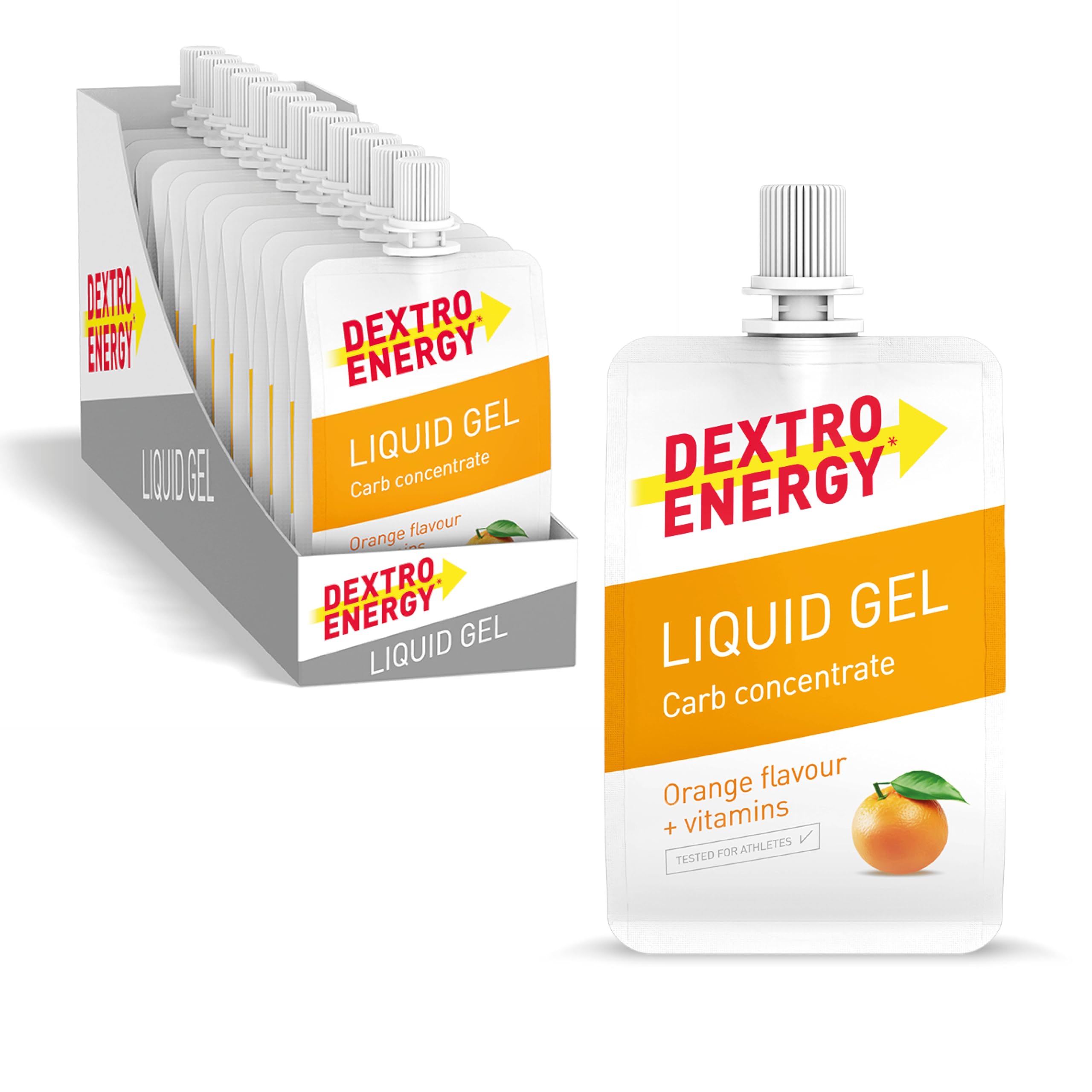 Dextro Energy Energy Gel | Pack of 12 | High Carb Gel with 28 g of Carbohydrates | Liquid Burst of Energy | Non-Sticky Energy Gel Orange | For Running or Cycling | Vegan